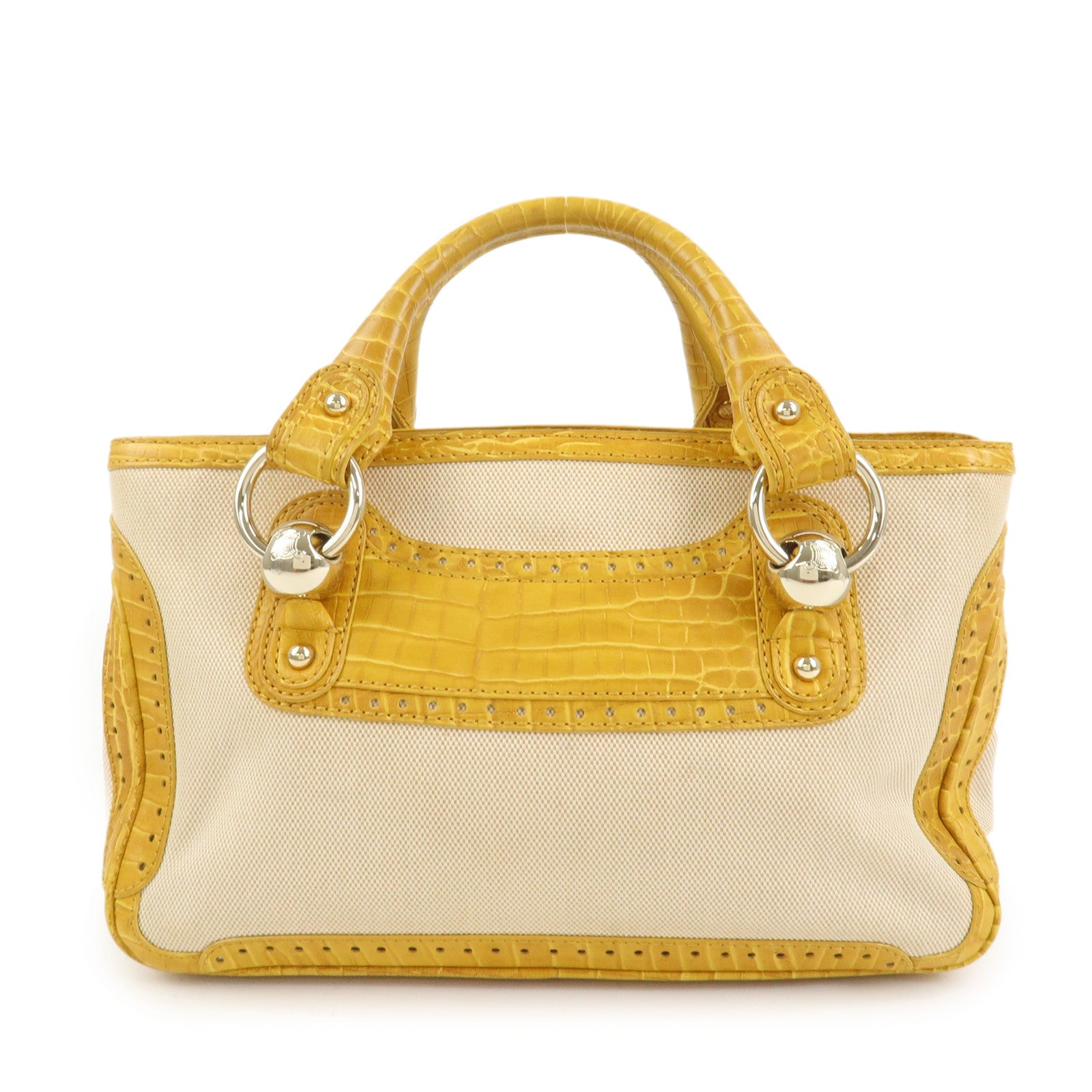 CELINE Boogie Bag Canvas Embossed Leather Hand Bag Natural Yellow