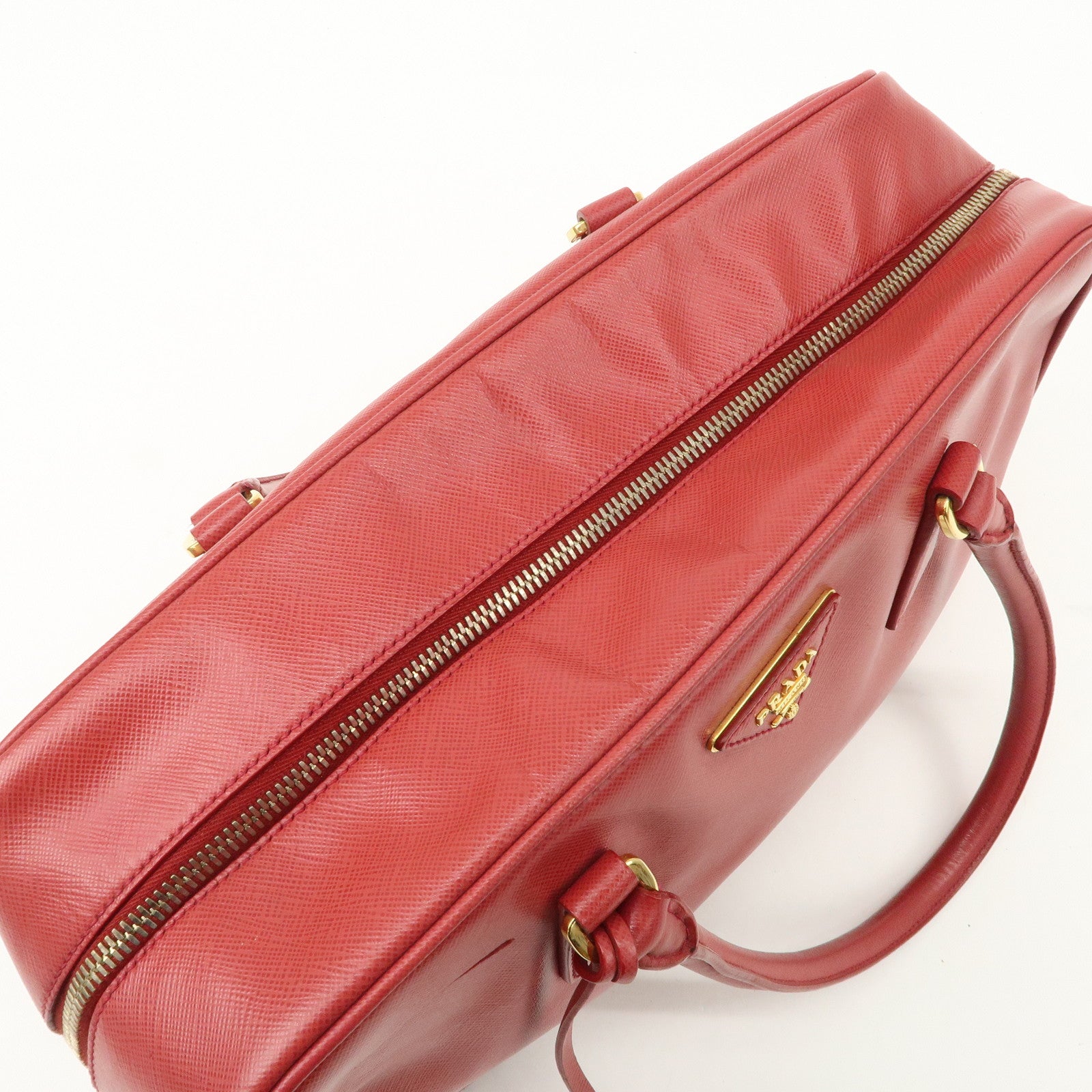PRADA Triangle Logo Saffiano Leather Boston Bag Hand Bag Red BL0095 Used
