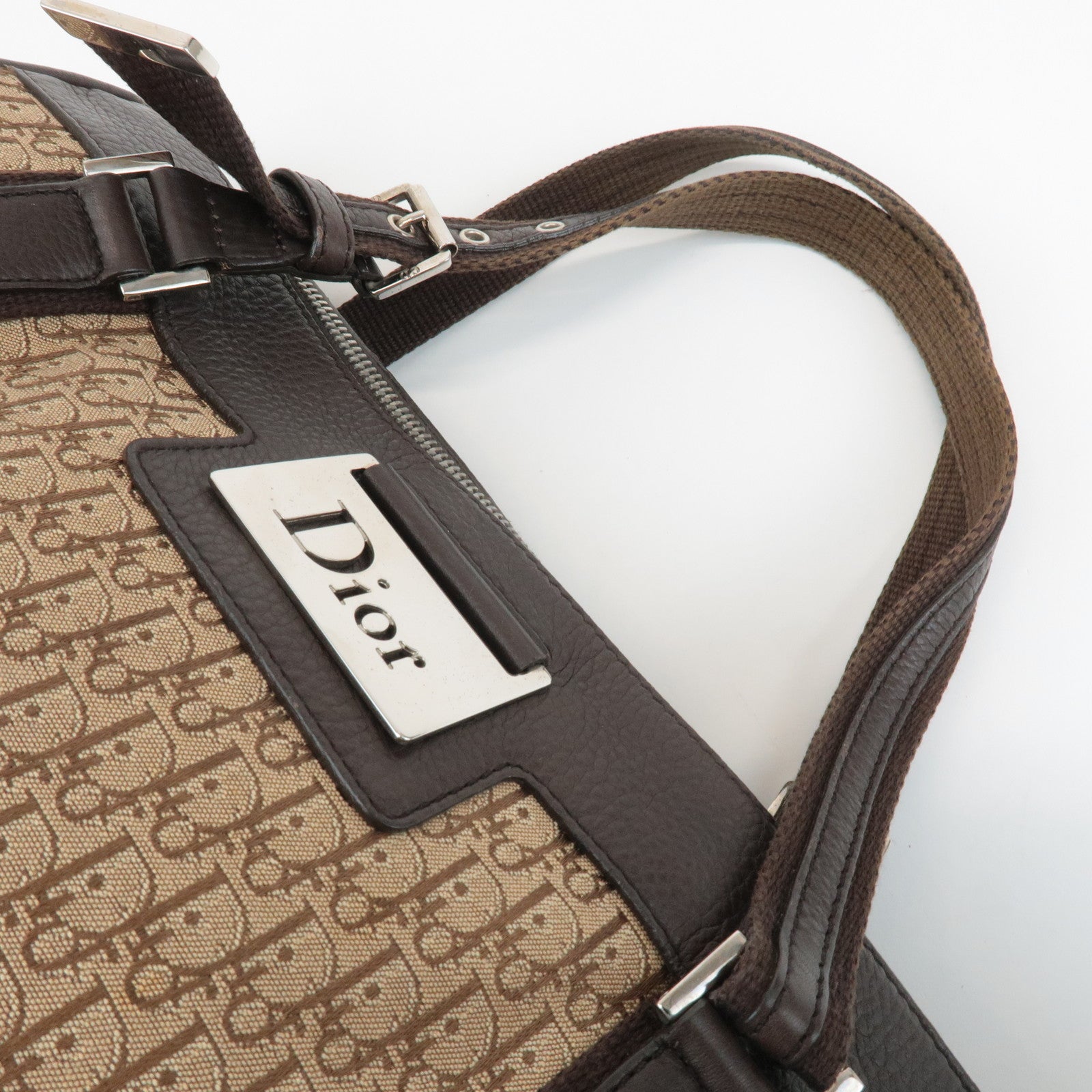 Christian Dior Trotter Street Chic Leather Canvas Boston Bag Beige Used