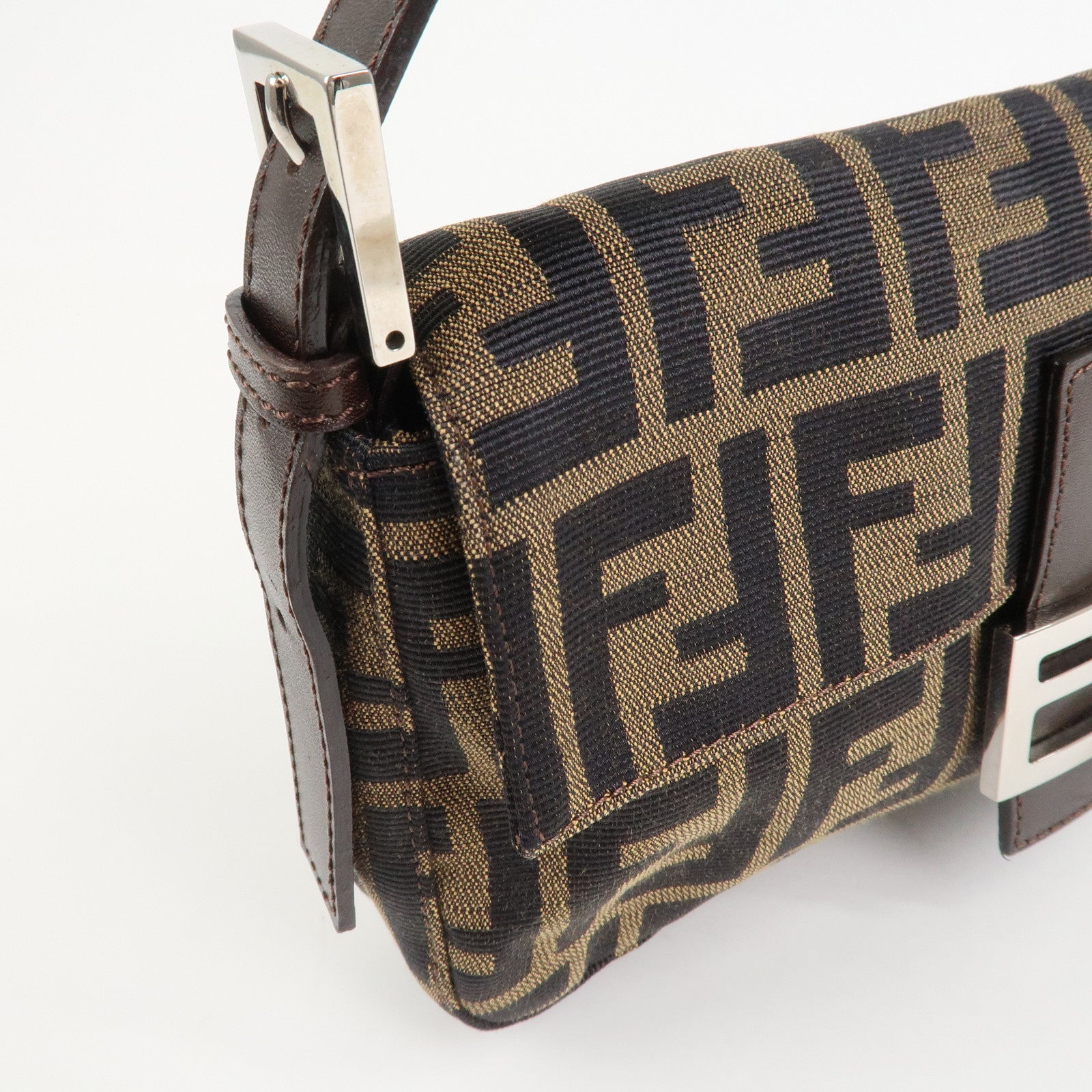 FENDI Mamma Baguette Zucca Canvas Shoulder Bag Brown Black 26424