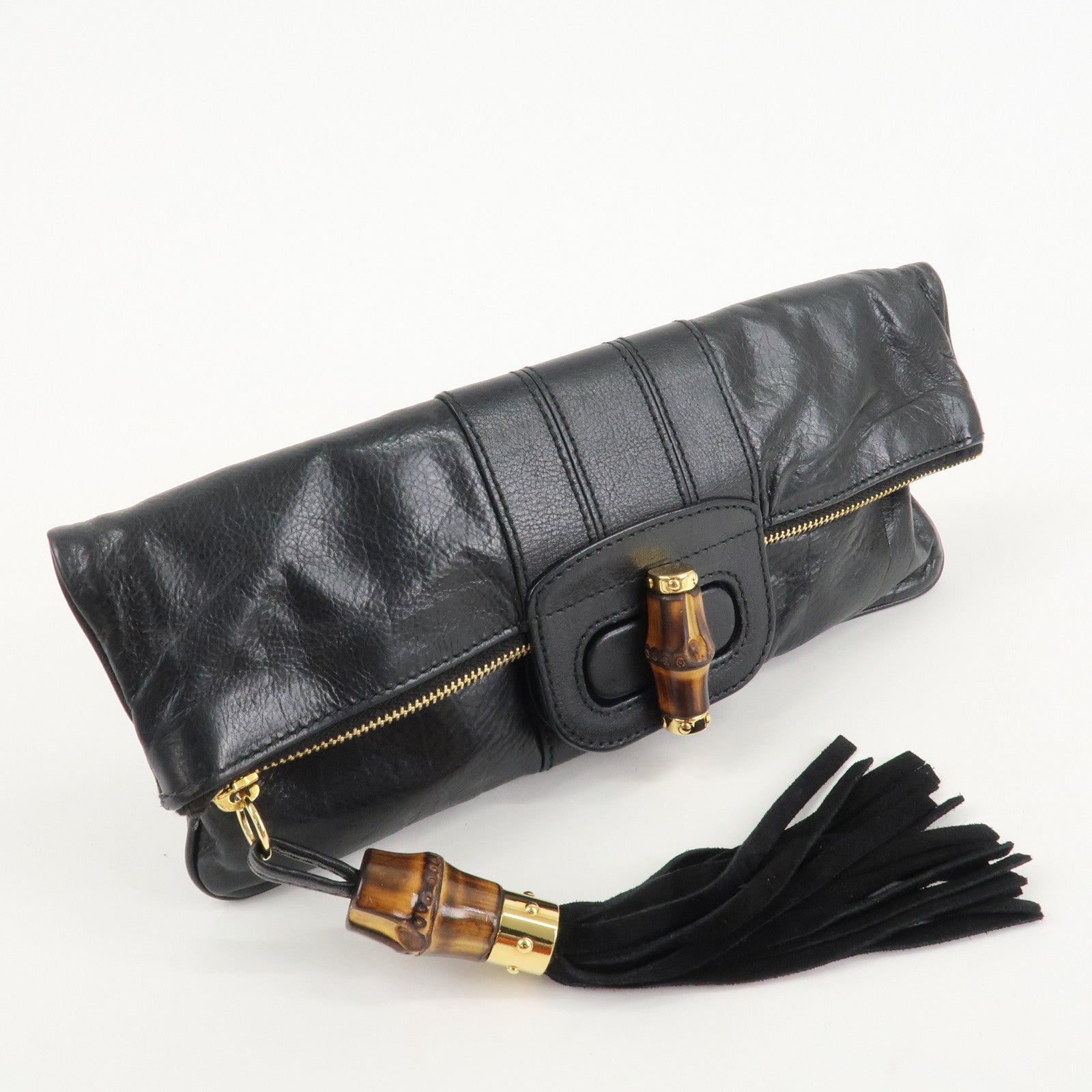 GUCCI Bamboo Leather Clutch Bag Black Gold Hardware 218496 Used