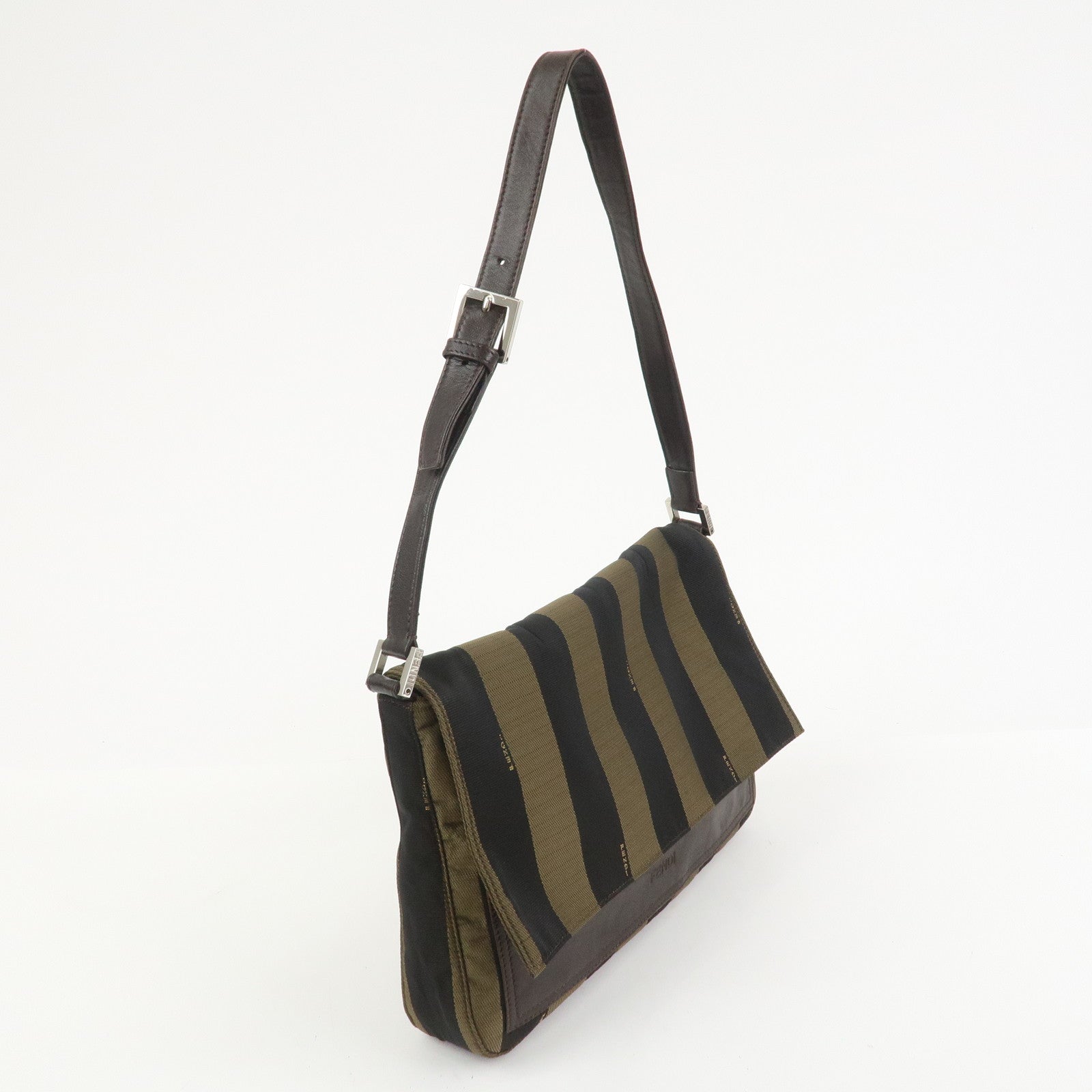 FENDI Pequin Canvas Leather Shoulder Bag Brown Black 26654