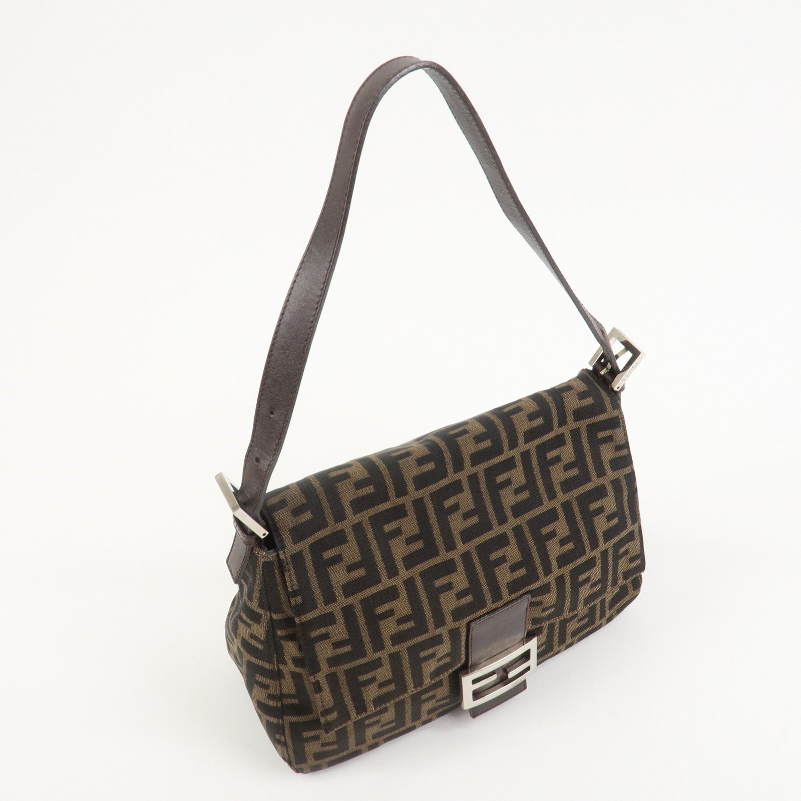 FENDI Mamma Baguette Zucca Canvas Leather Shoulder Bag Brown 26325