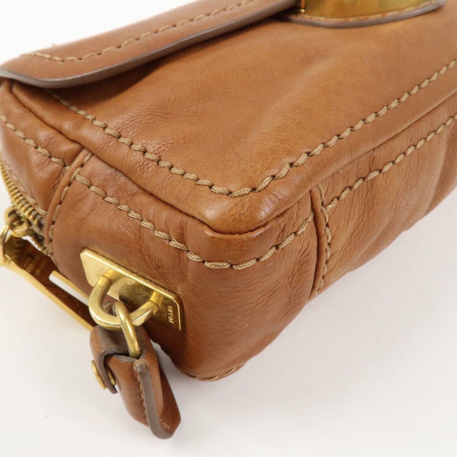 PRADA Logo Leather Chain Shoulder Bag Crossbody Bag Camel