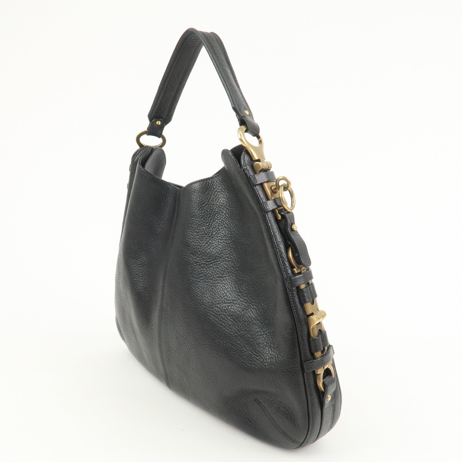 Ferragamo Gancini Calf Leather Shoulder Bag Hand Bag Black