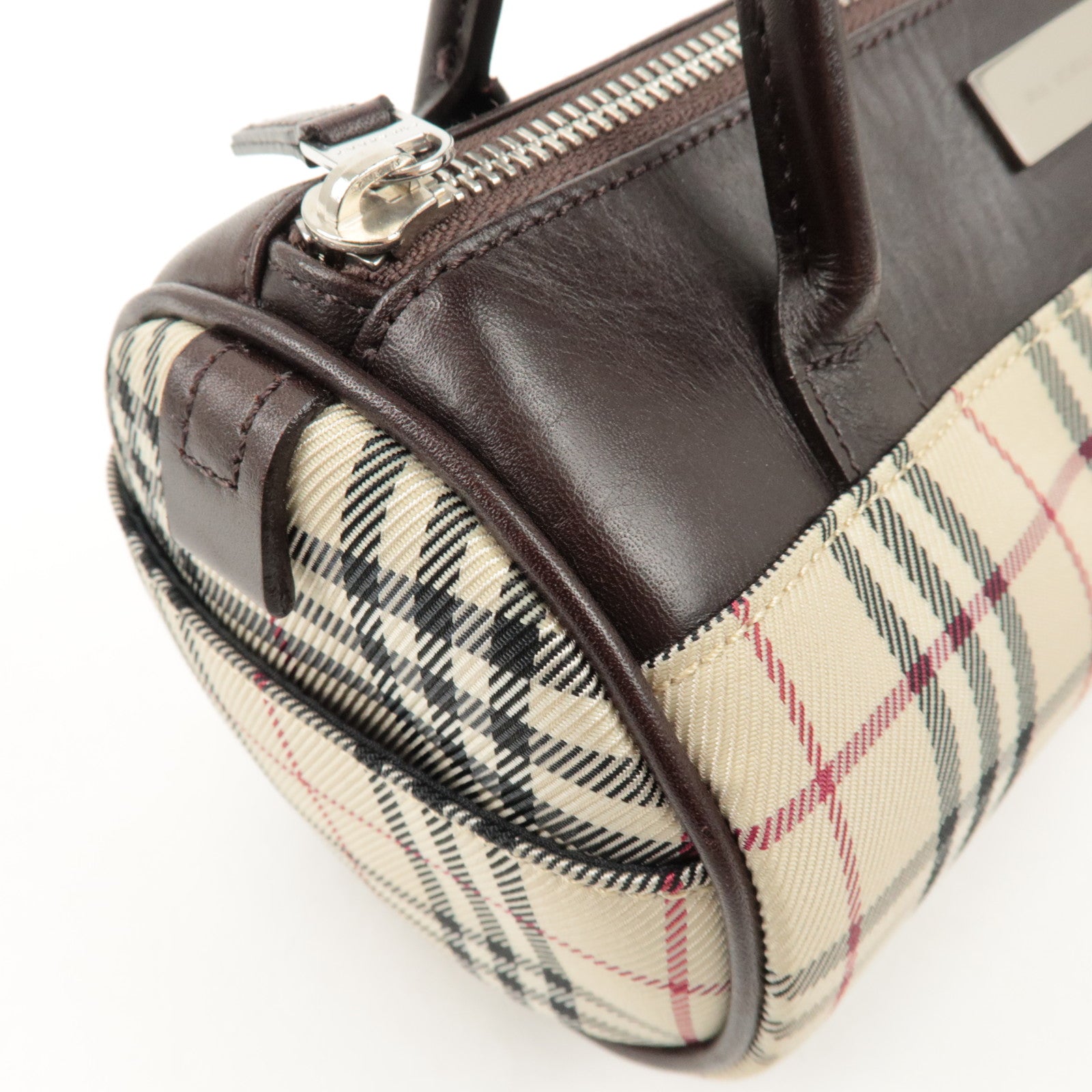 BURBERRY Leather Canvas Hand Bag Nova Plaid Beige Brown Used