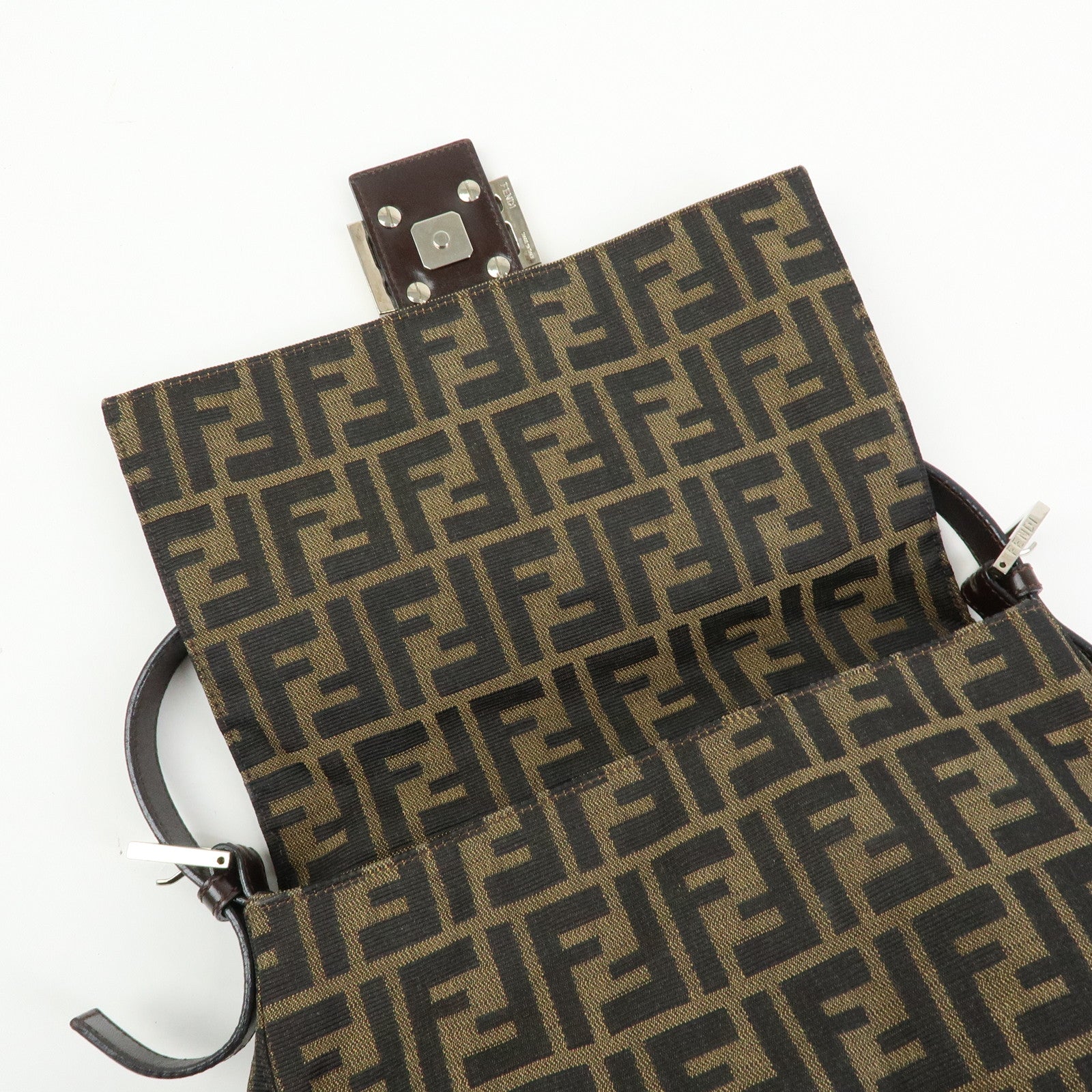 FENDI Mamma Baguette Zucca Canvas Leather Shoulder Bag Brown 26325