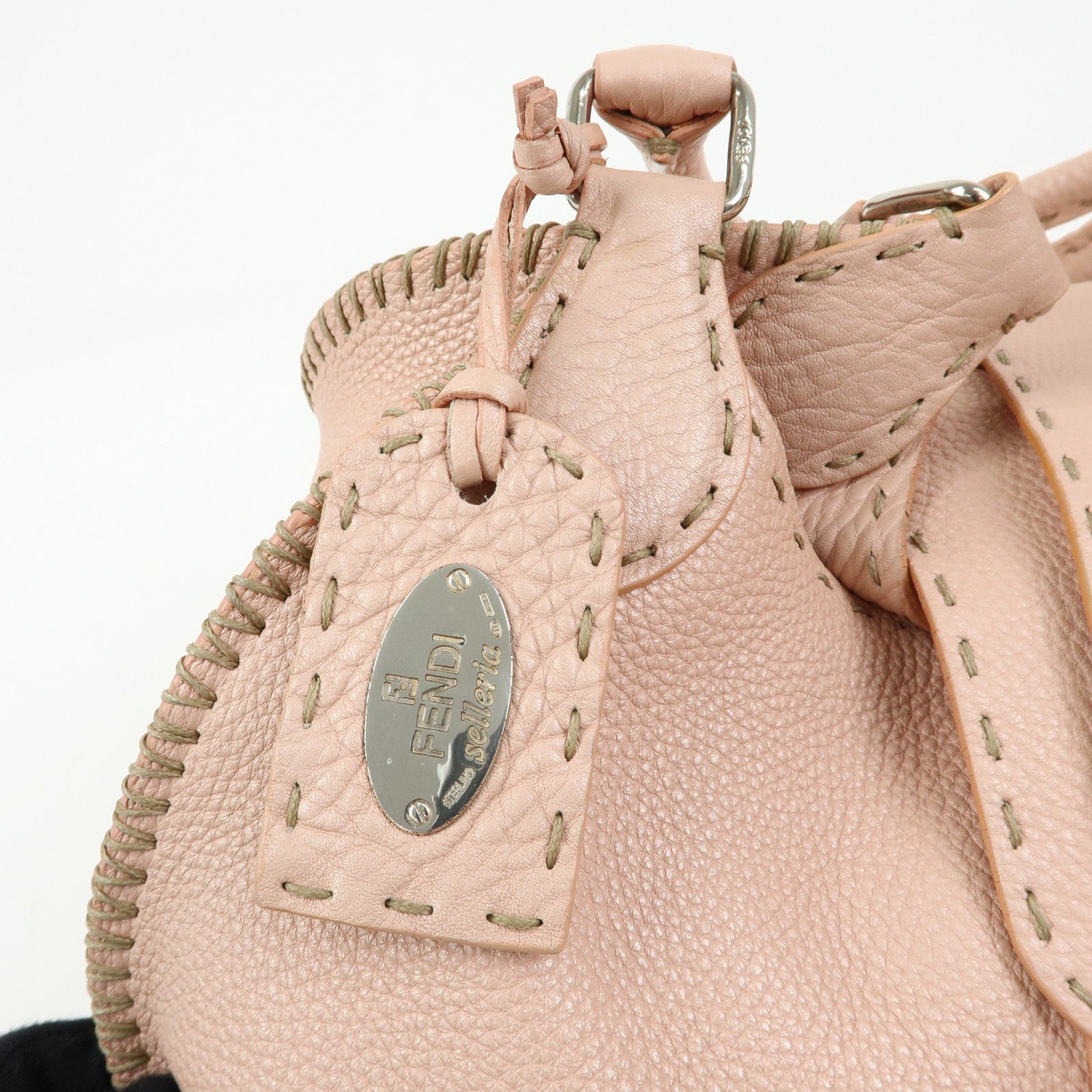 FENDI Selleria Stitches Leather Tote Bag Hand Bag Pink 8BR457