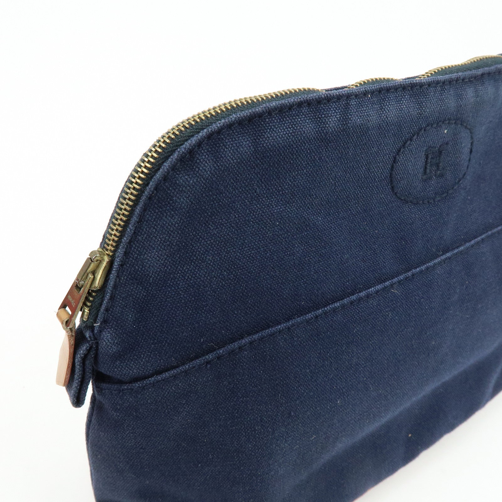 HERMES Bolide Set of 2 Cotton Leather Pouch Cosmetic Case Navy Pink