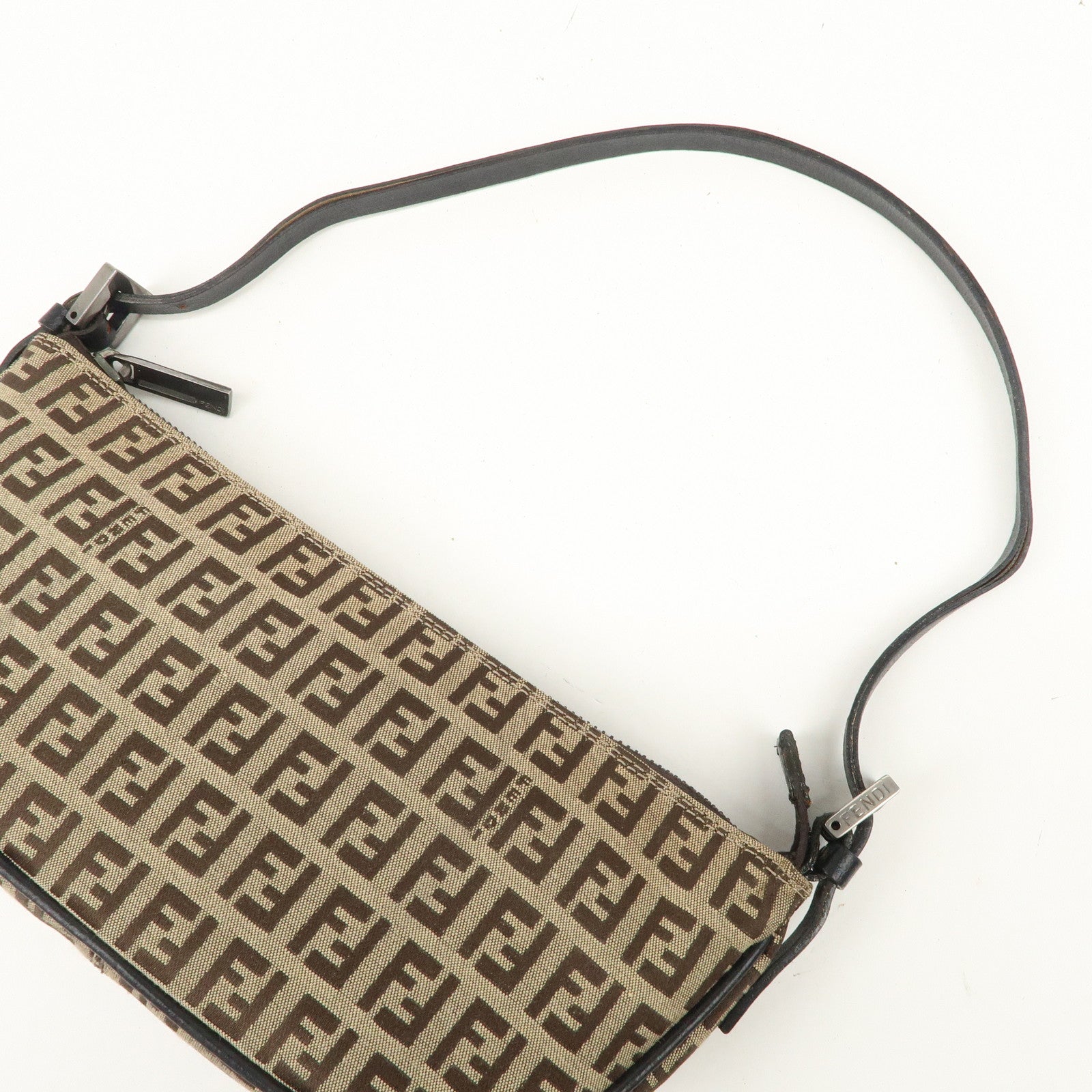 FENDI Zucchino Canvas Leather Shoulder Bag Brown Beige 8BR133 Used