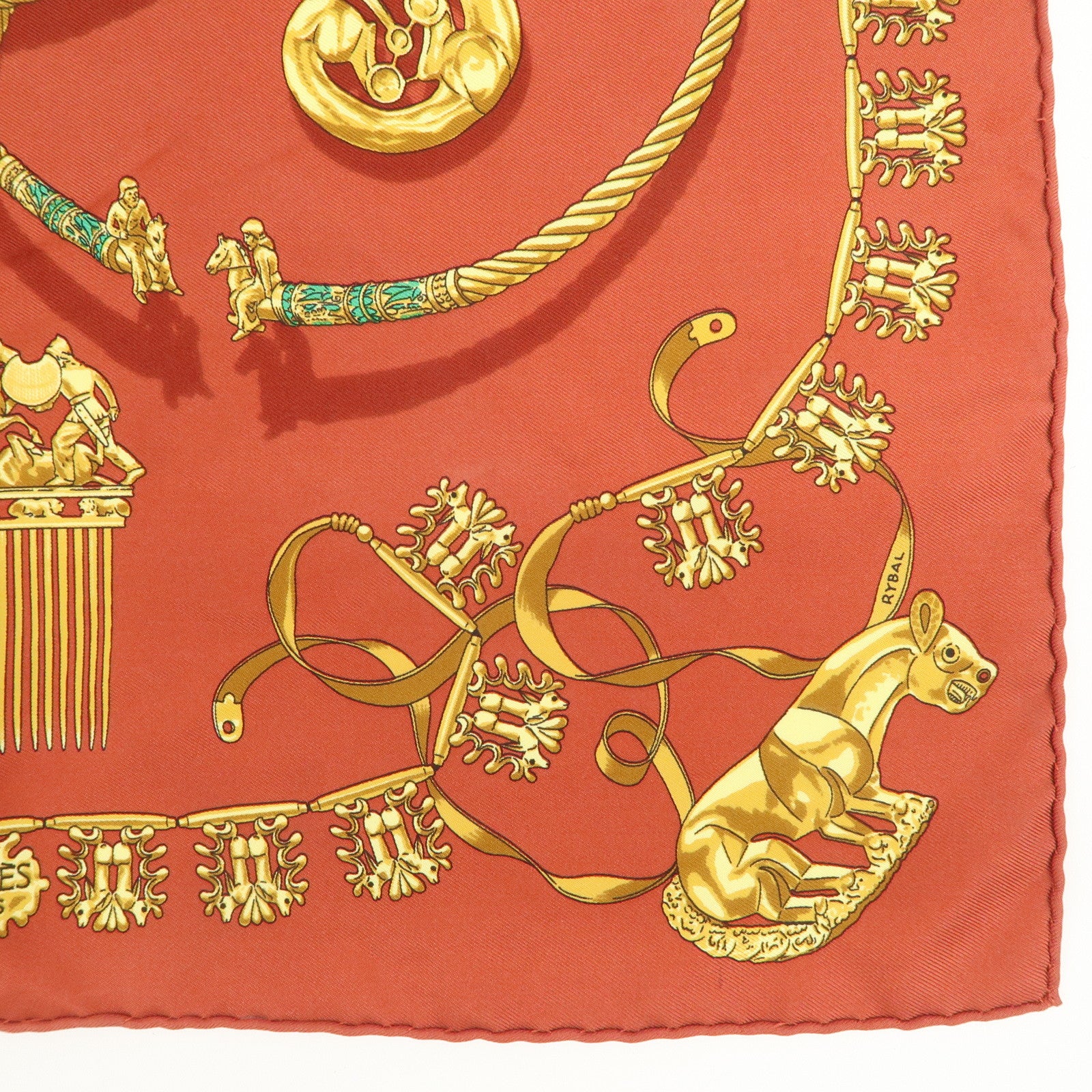 HERMES Carre 45 Silk 100% Scarf LES CAVALIERS D'OR Knight Motif Red