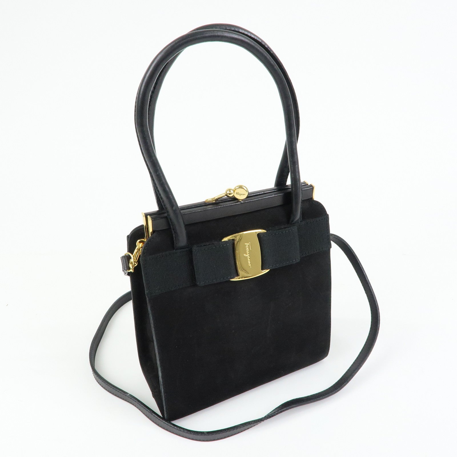Ferragamo Varra Ribbon Suede Leather 2Way Bag Hand Bag Black
