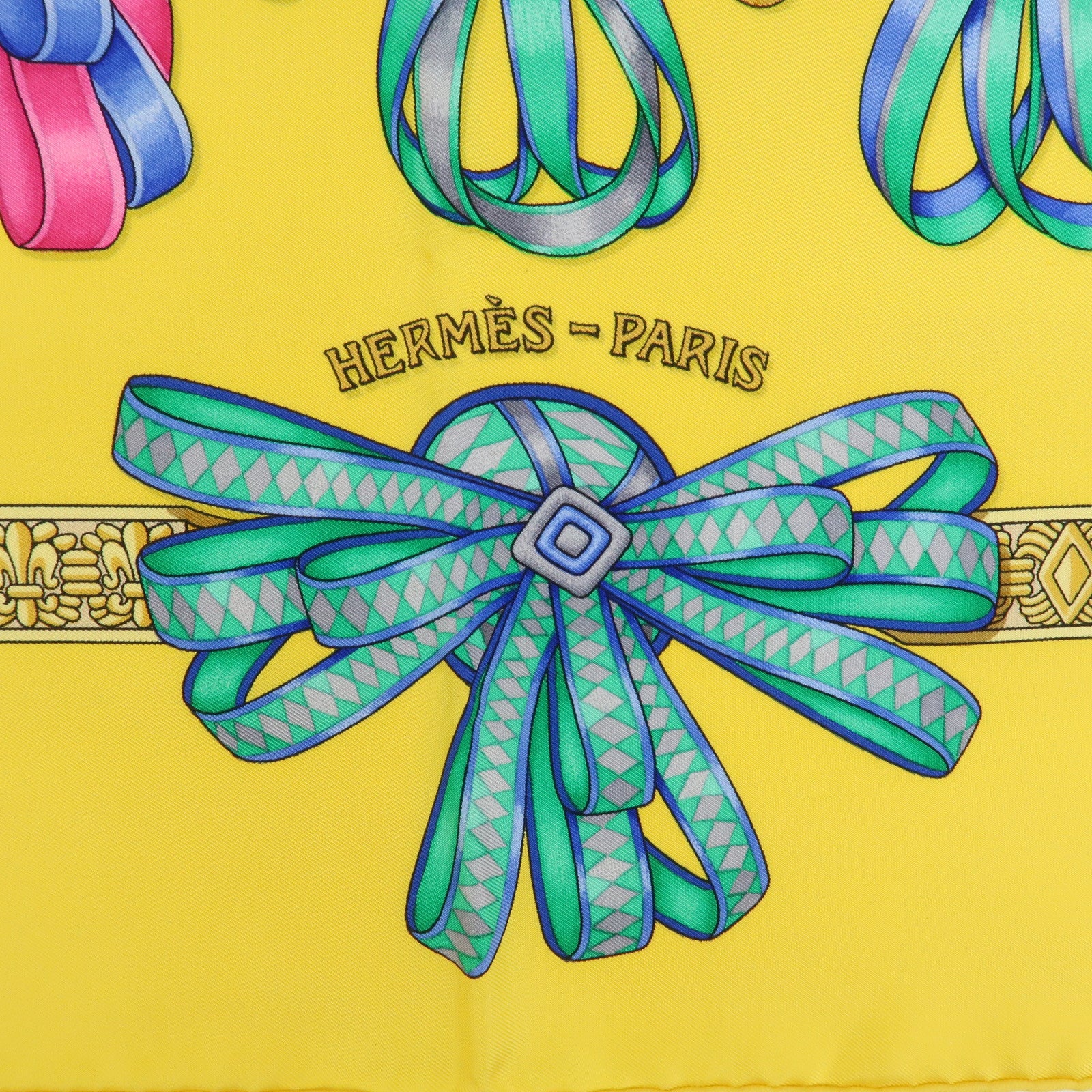 Hermes Carre 90 Silk 100% Scarf LES RUBANS DU CHEVAL Yellow