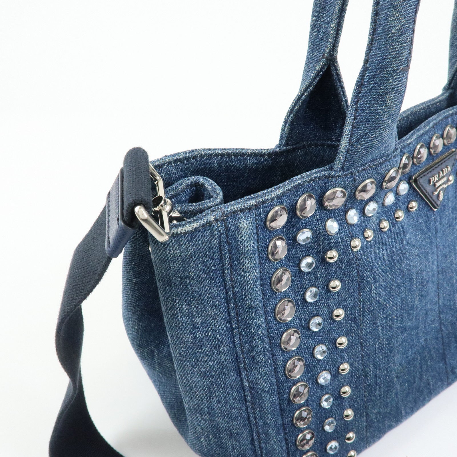 PRADA Canapa Triangle Logo Denim 2Way Bag Hand Bag Blue 1BG439