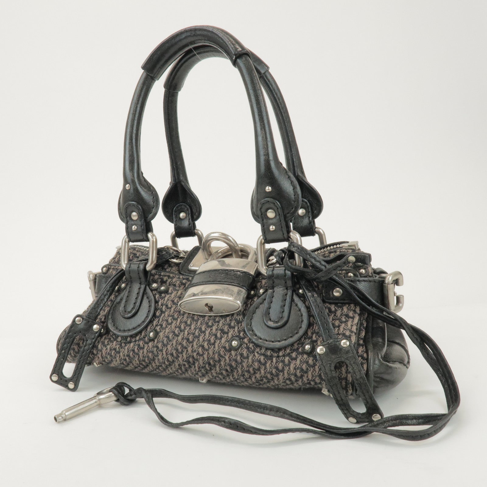 Chloe Paddington Mini Tweed Leather Hand Bag Black Brown