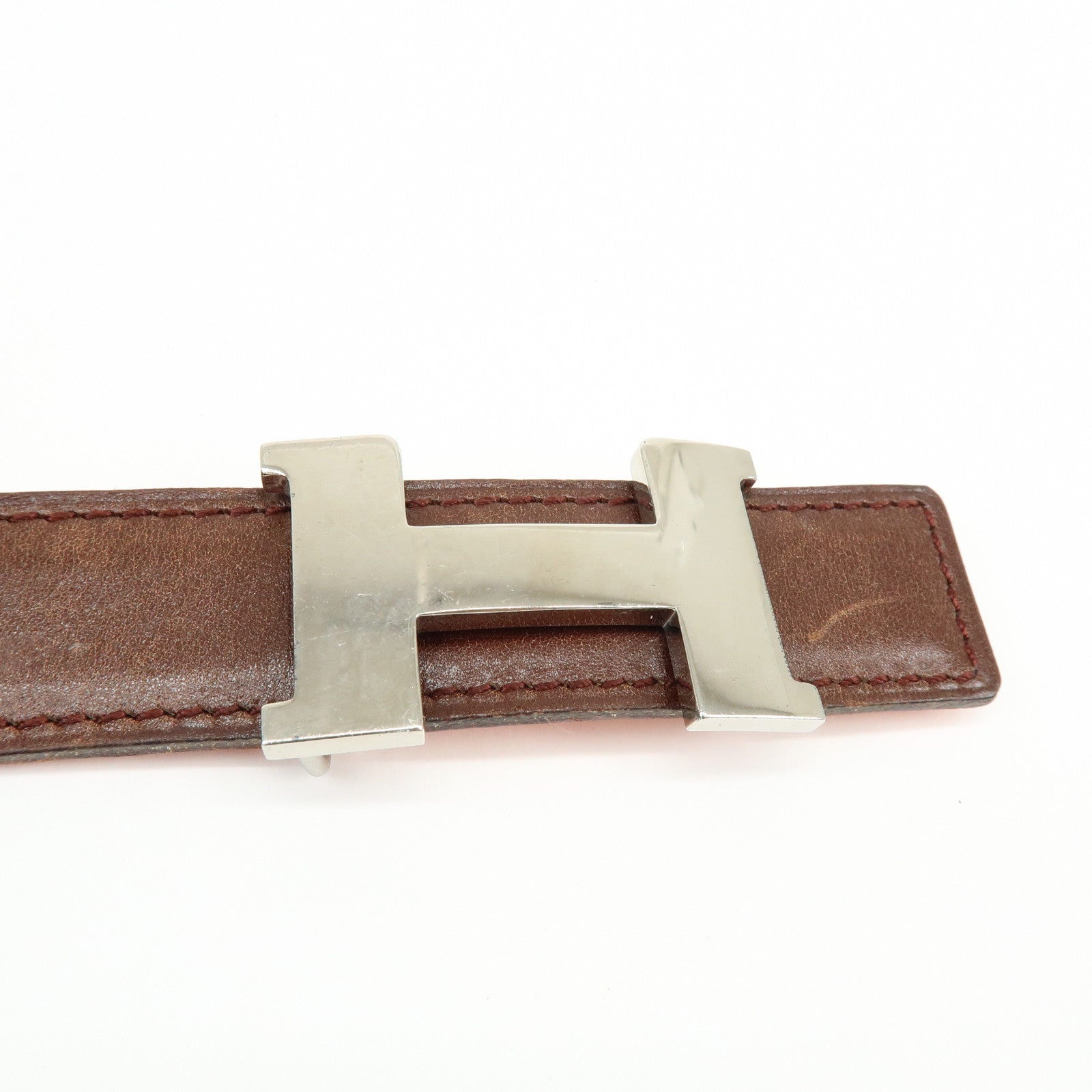 HERMES Leather H Buckle □B Stamped Reversible Constance Belt Brown