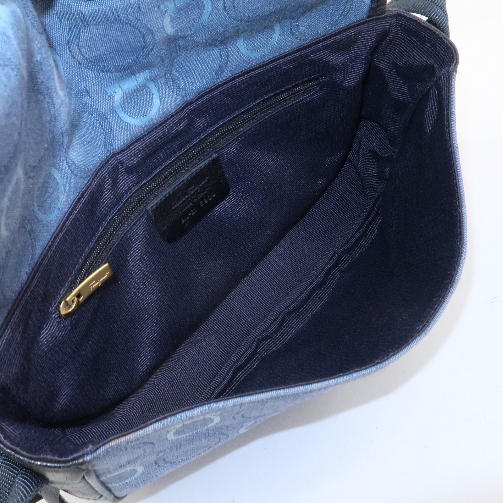 Ferragamo Gancini Canvas Leather Shoulder Bag Navy Black