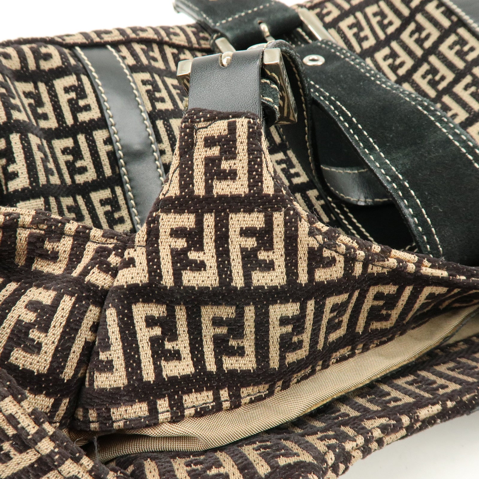 FENDI Zucchino Canvas Suede Leather Tote Bag Black Beige 8BR091
