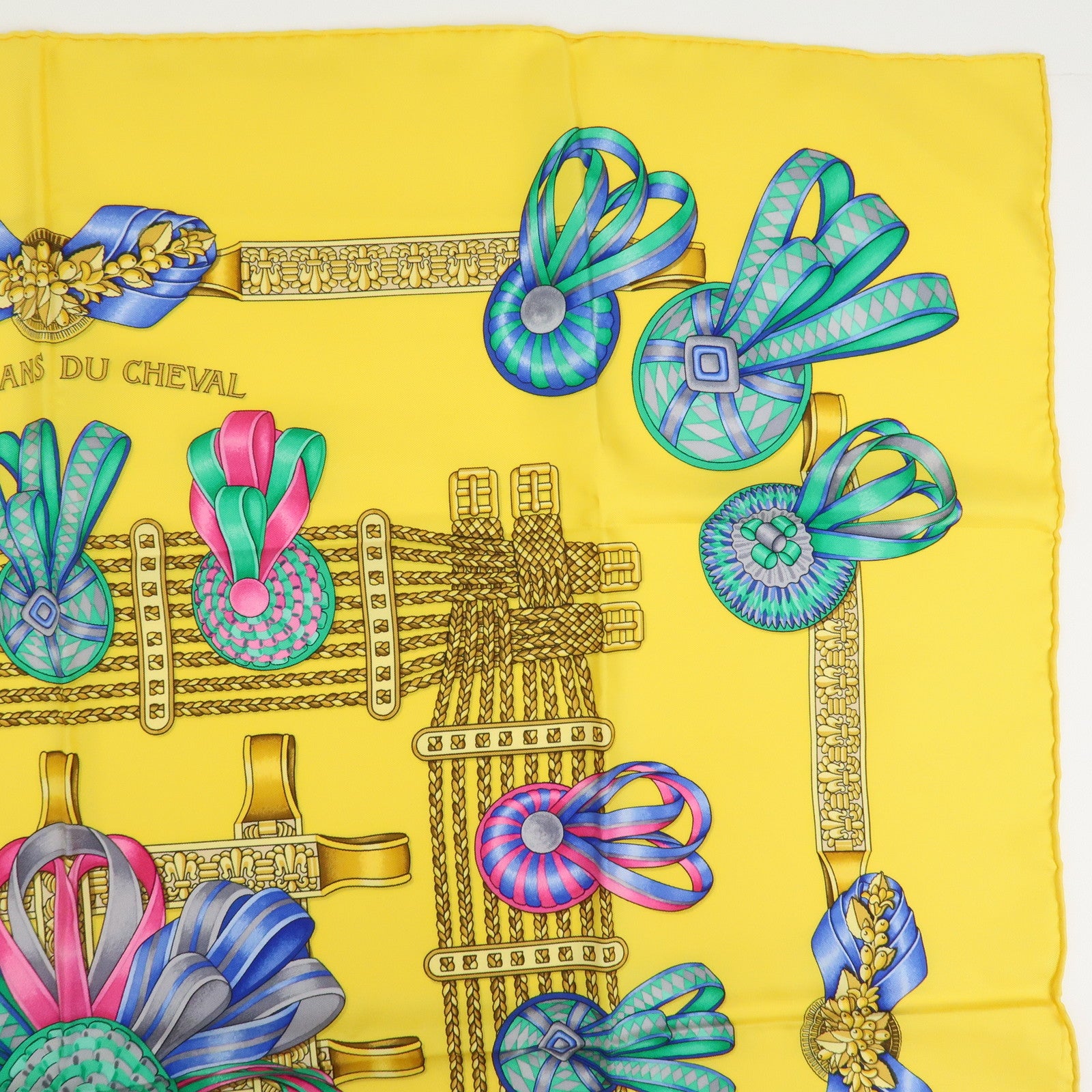 Hermes Carre 90 Silk 100% Scarf LES RUBANS DU CHEVAL Yellow