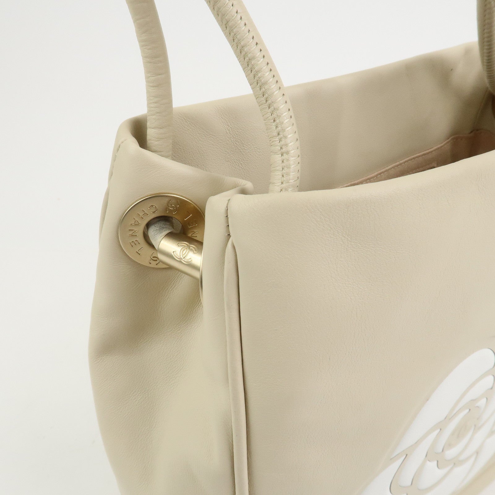 CHANEL Camelia Lambskin Hand Bag Tote Bag Ivory A20856