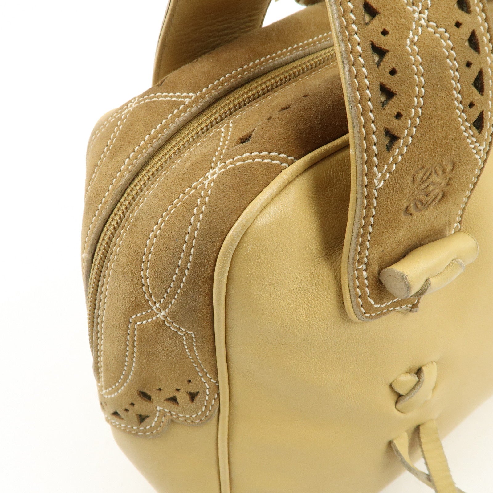 LOEWE Anagram Leather Suede Punching Boston Bag Beige Used