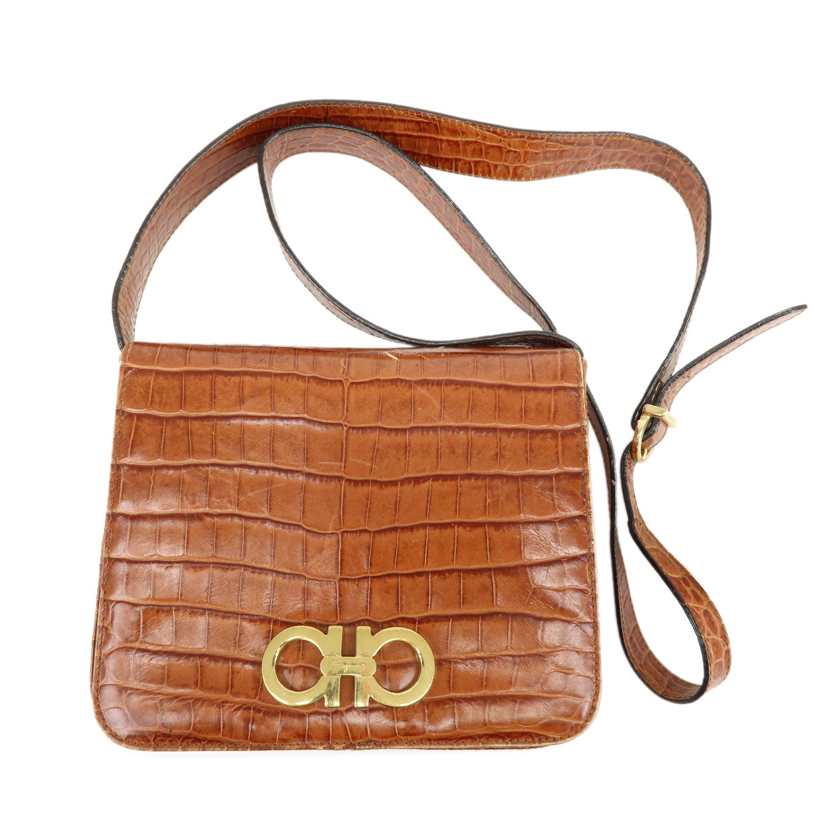 Ferragamo Gancini Embossed Leather Shoulder Crossbody Bag Brown