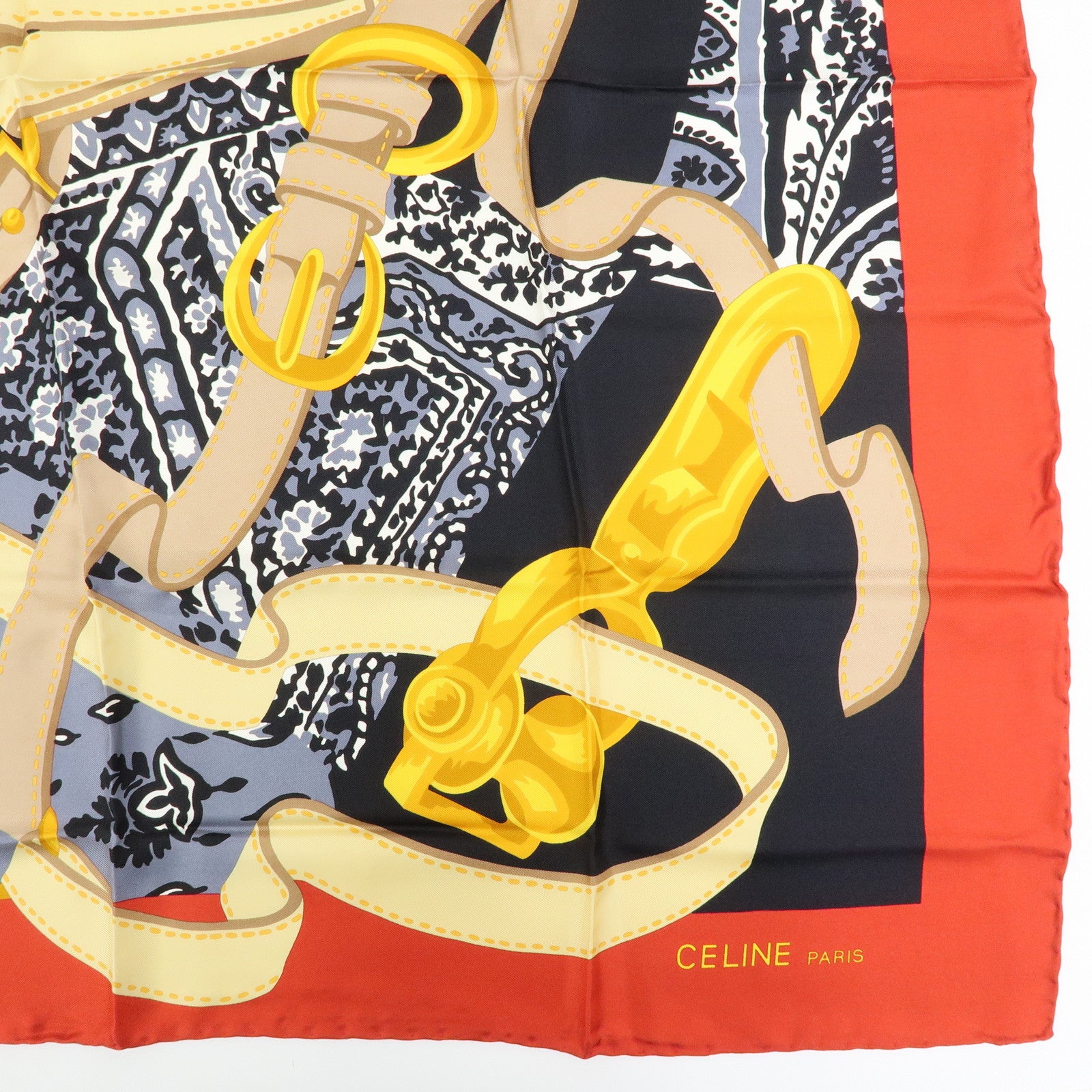 CELINE Silk 100% Scarf Flower Belt Motif Black Red Gold