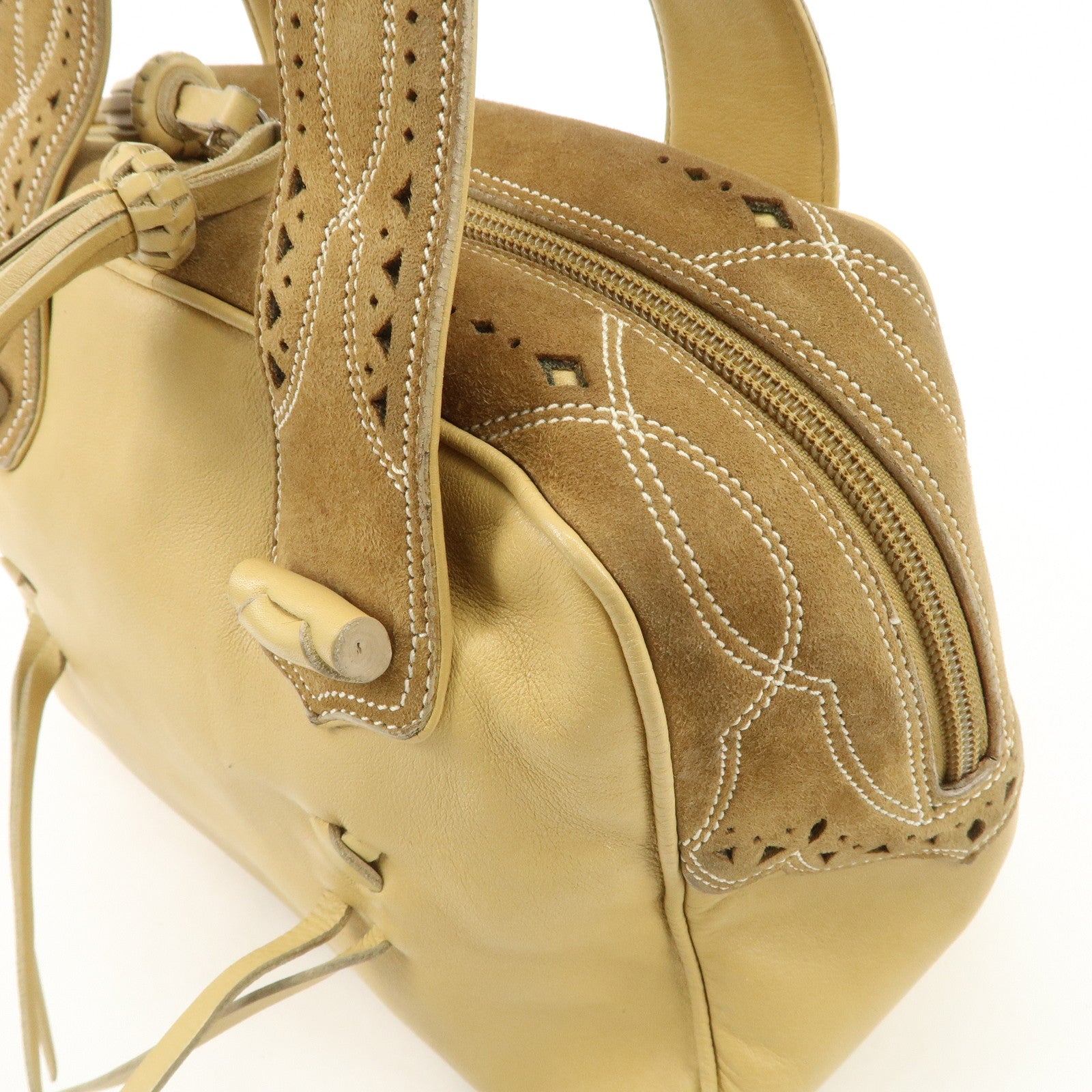 LOEWE Anagram Leather Suede Punching Boston Bag Beige Used