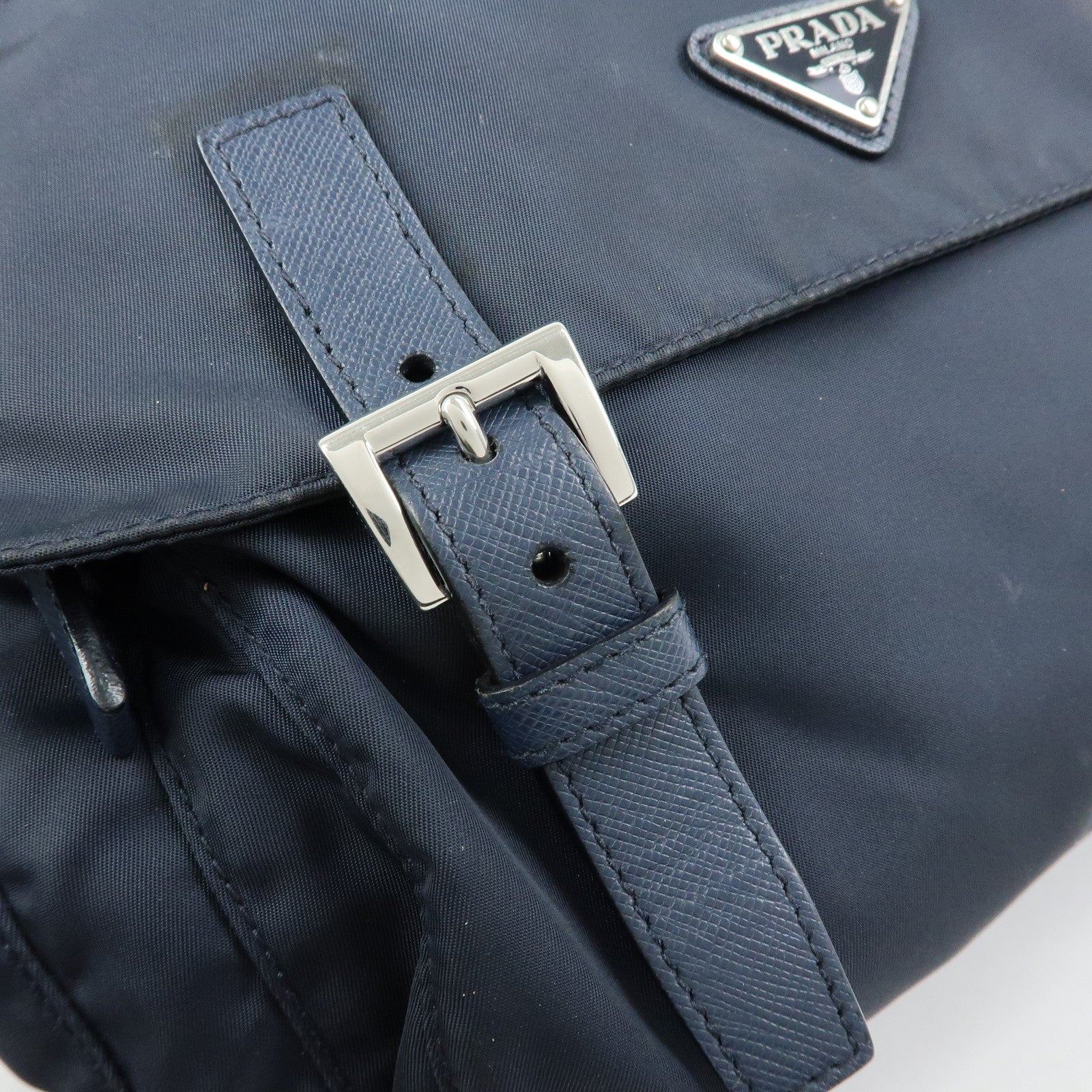 PRADA Triangle Logo Nylon Saffiano Leather Shoulder Bag Navy