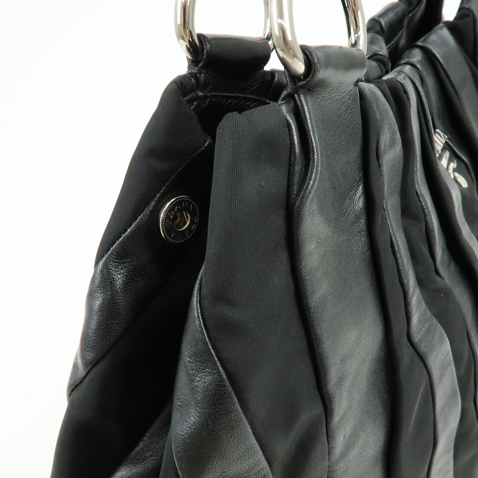 PRADA Logo Leather Nylon Tote Bag Shoulder Bag Black BR3994