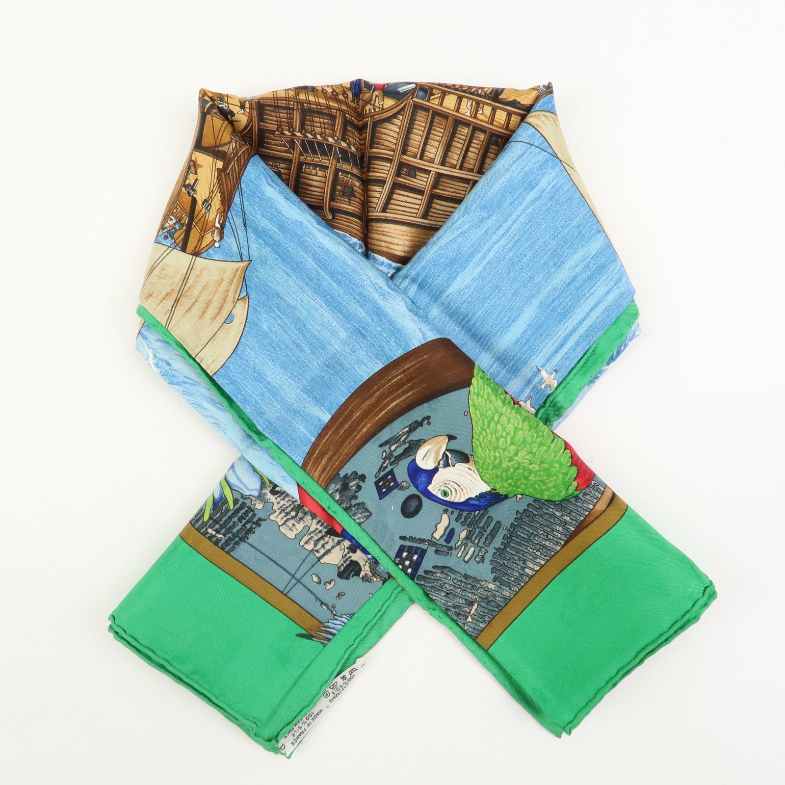 HERMES Carre 90 Silk 100% Scarf Christophe Colomb Green Blue