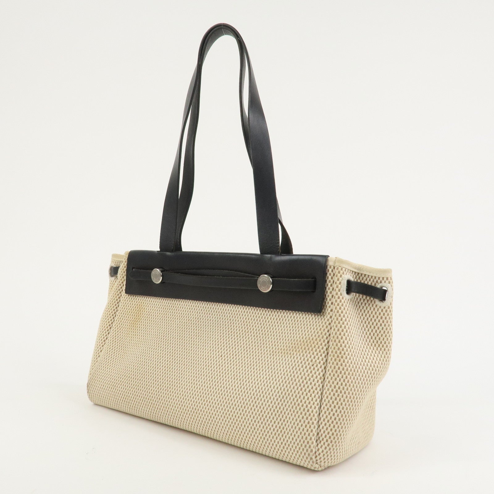 HERMES Herline Cabas PM Toile GM Canvas Leather Hand Bag □H Stamped