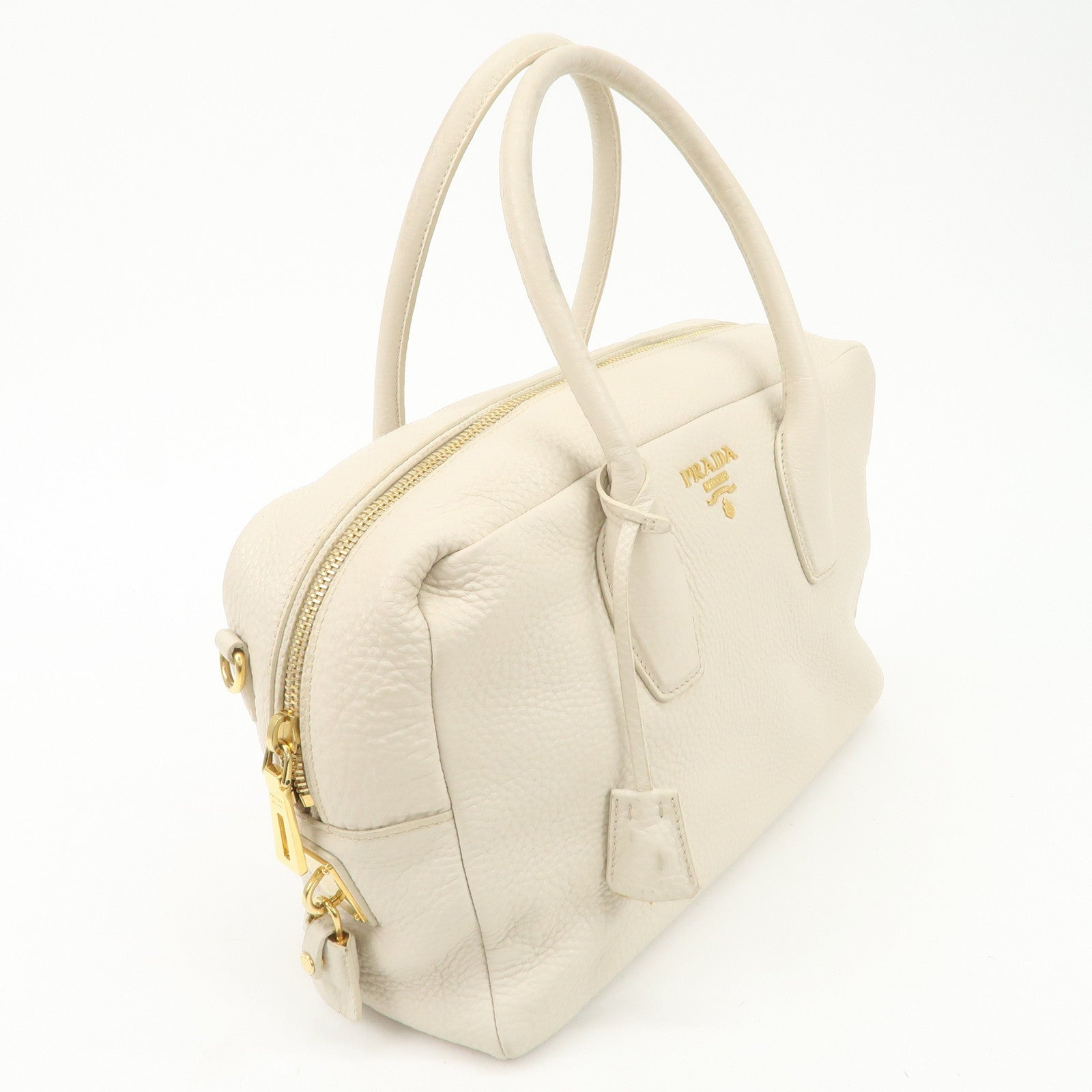 PRADA Logo Leather 2Way Boston Shoulder Bag Gold HDW Ivory
