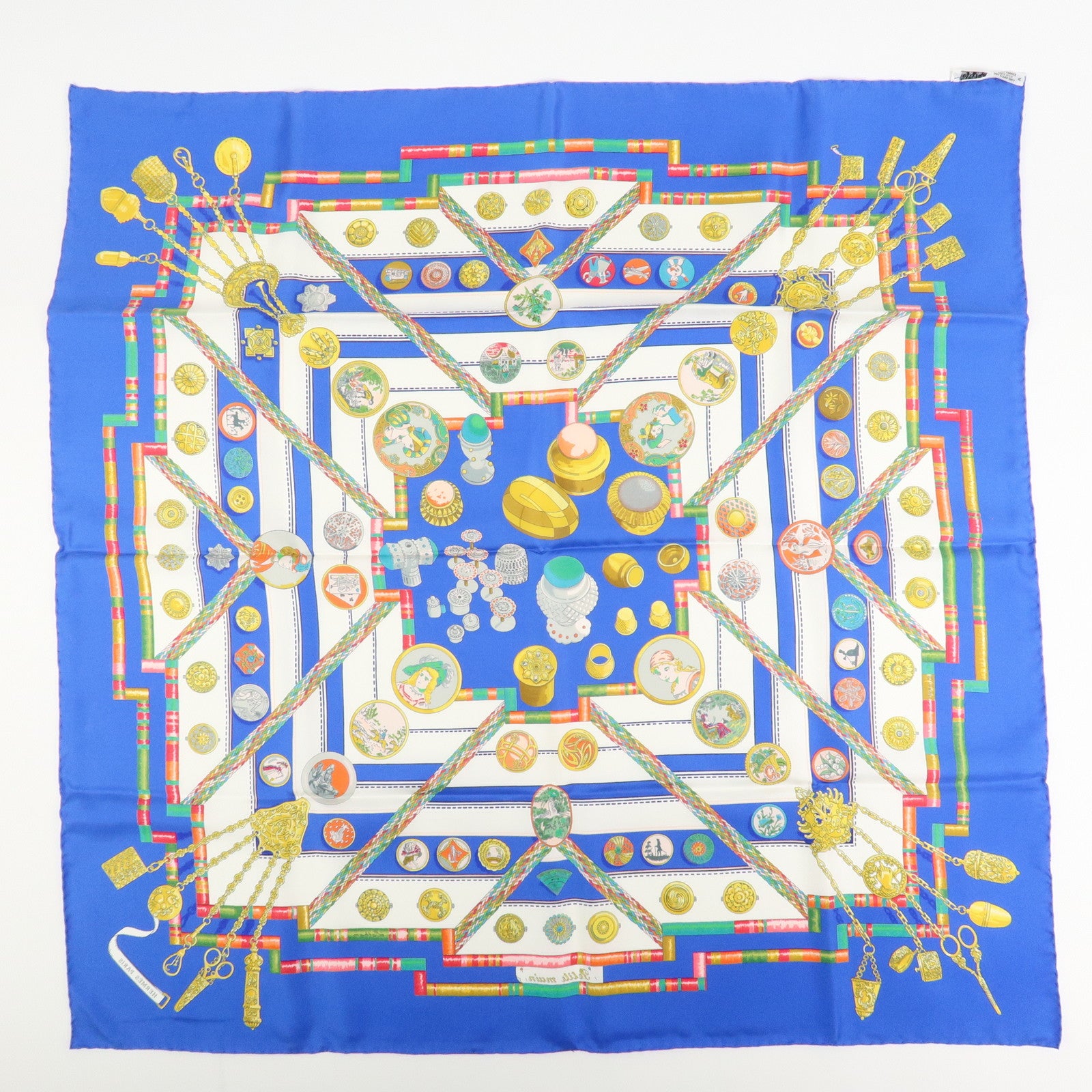 HERMES Carre 90 Silk 100% Scarf Petite main Blue White