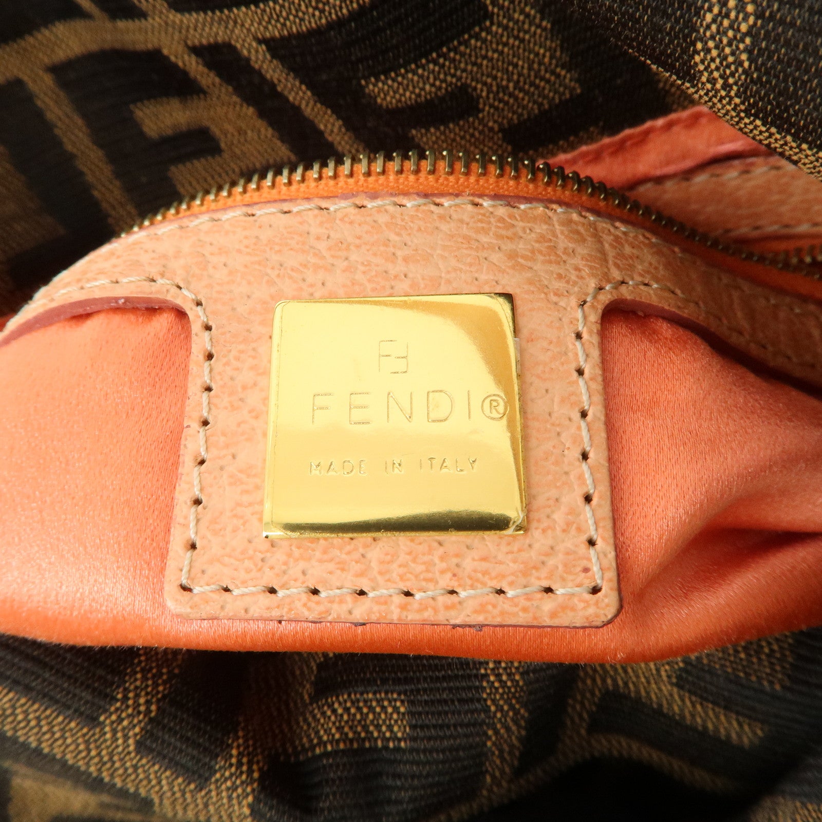 FENDI Zucca Canvas Leather Shoulder Bag Black Pink Flower Motif