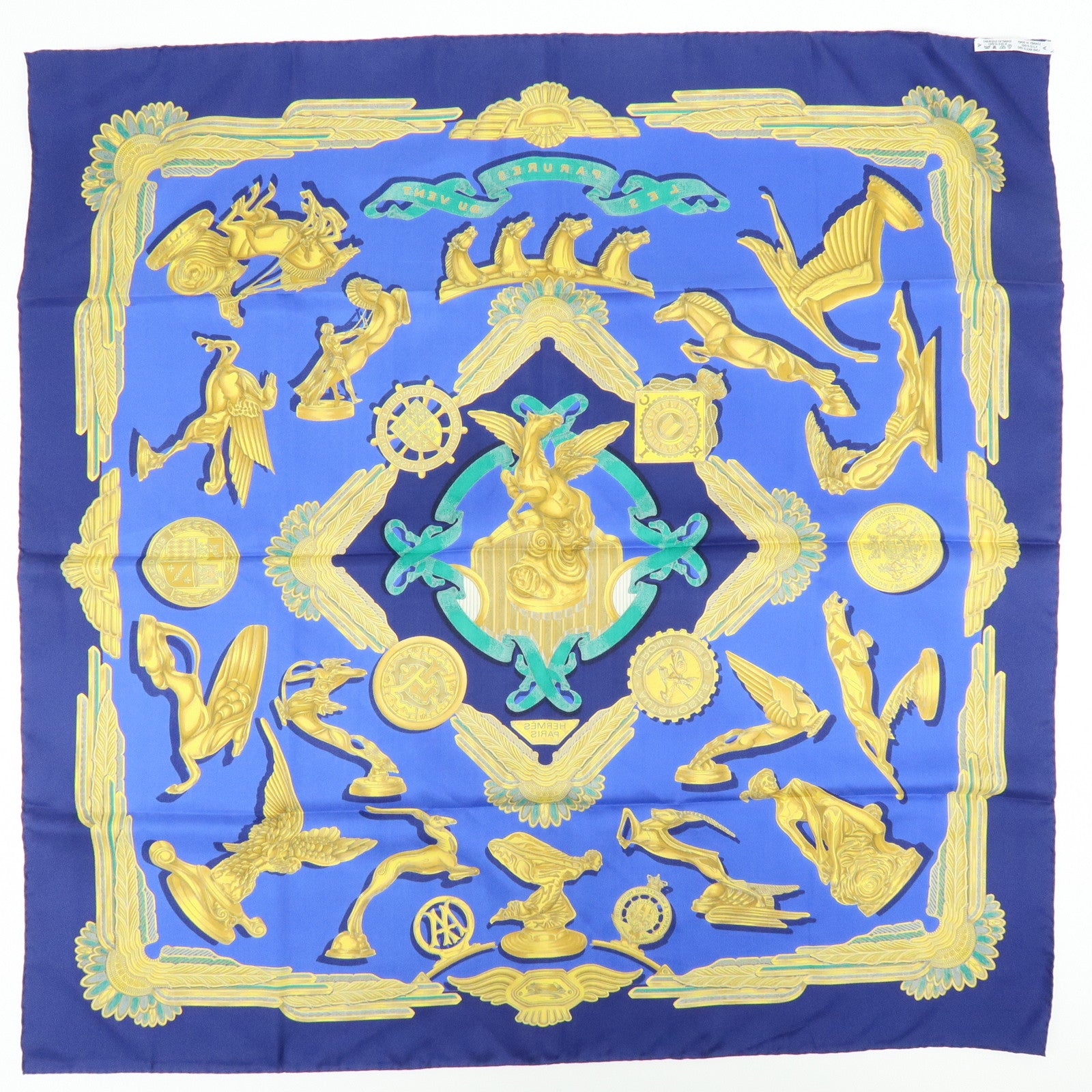HERMES Carre 90 Silk 100% Scarf LES PARURES DU VENT Navy Gold