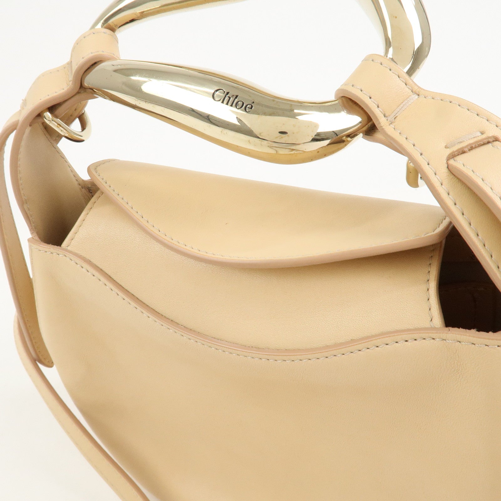 Chloe Kiss Logo Leather 2way Bag Hand Bag Shoulder Bag Beige