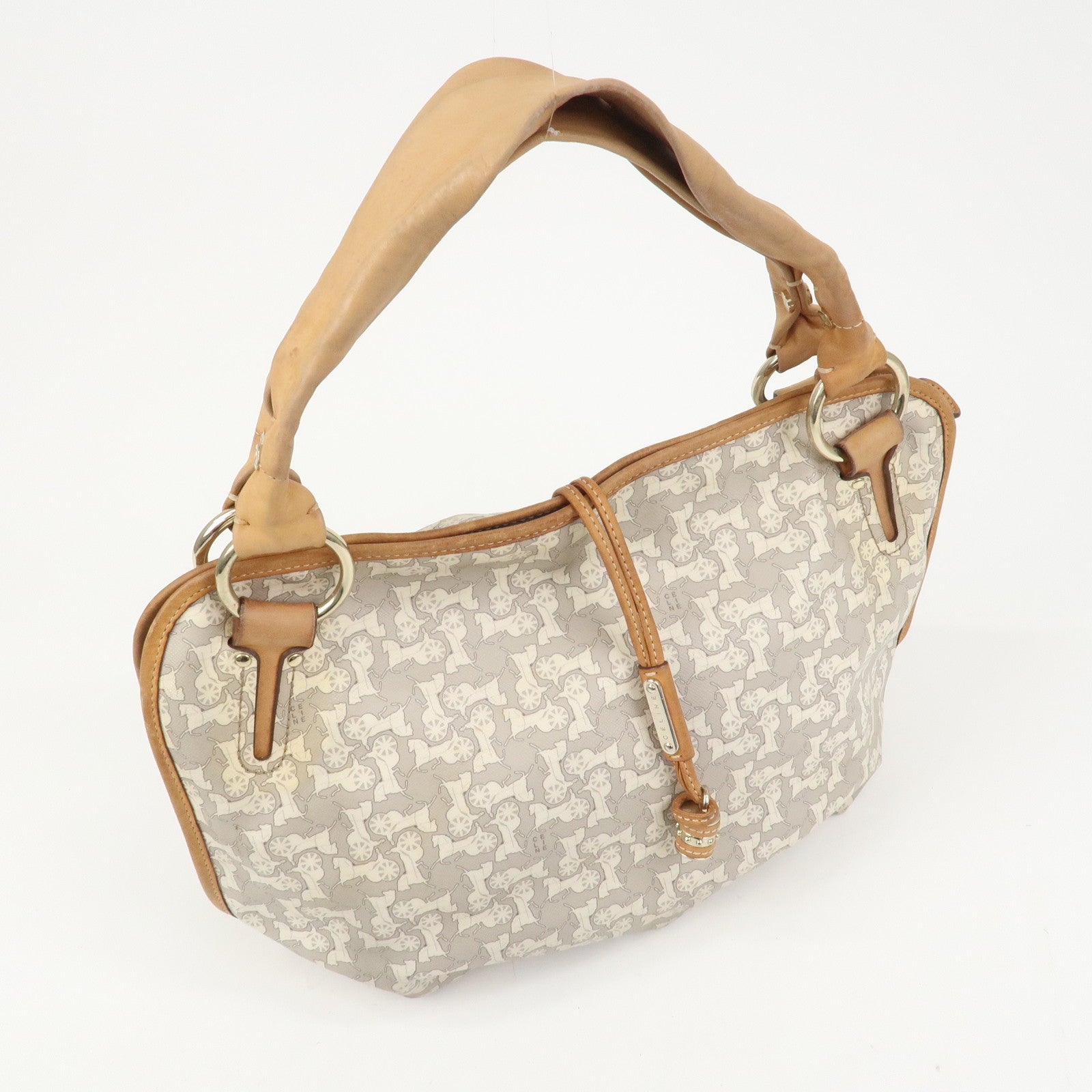 CELINE Logo Leather Hand Bag Shoulder Bag Gray Light Brown