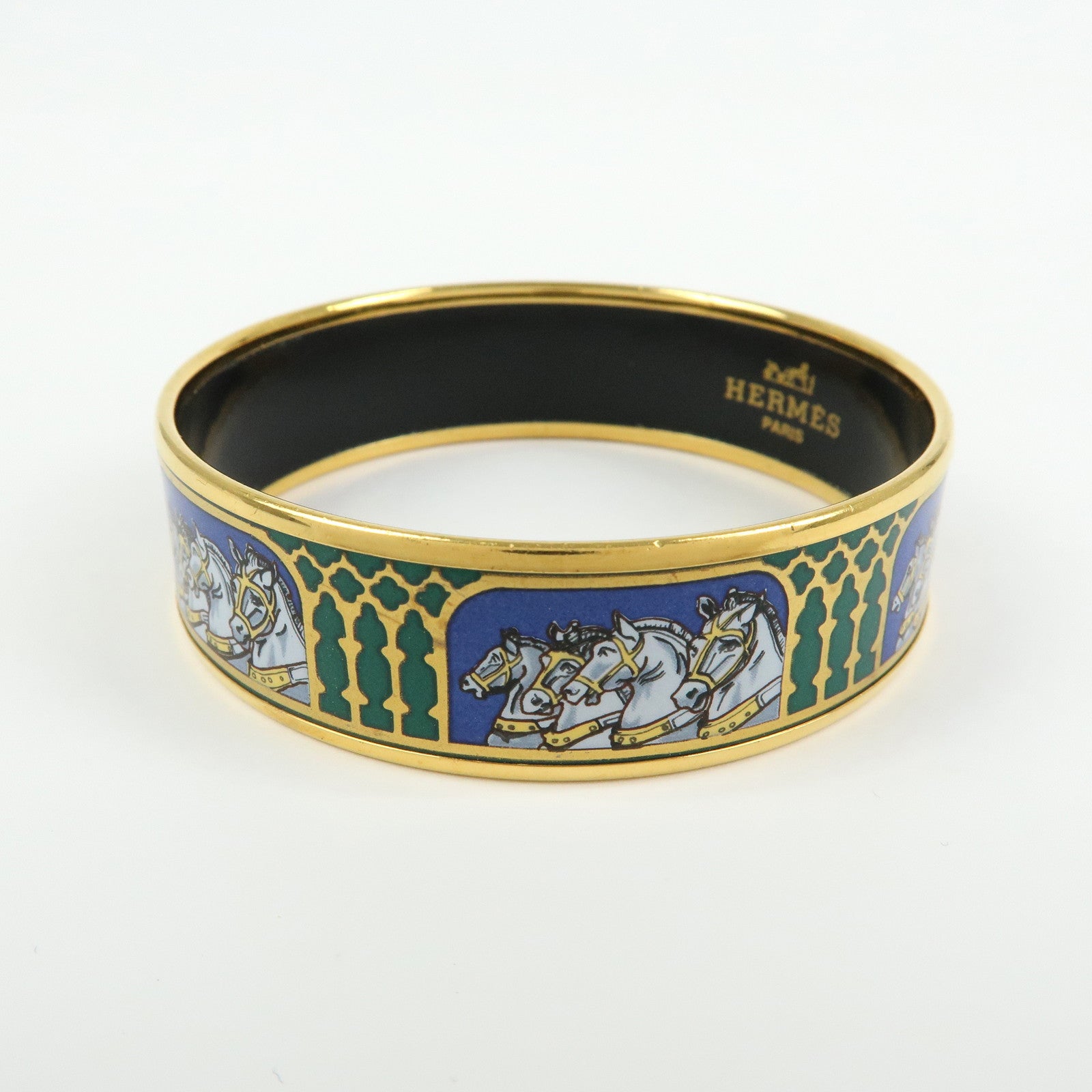 HERMES Email GM Gold Plated Bangle Bracelet Horse Blue Gold