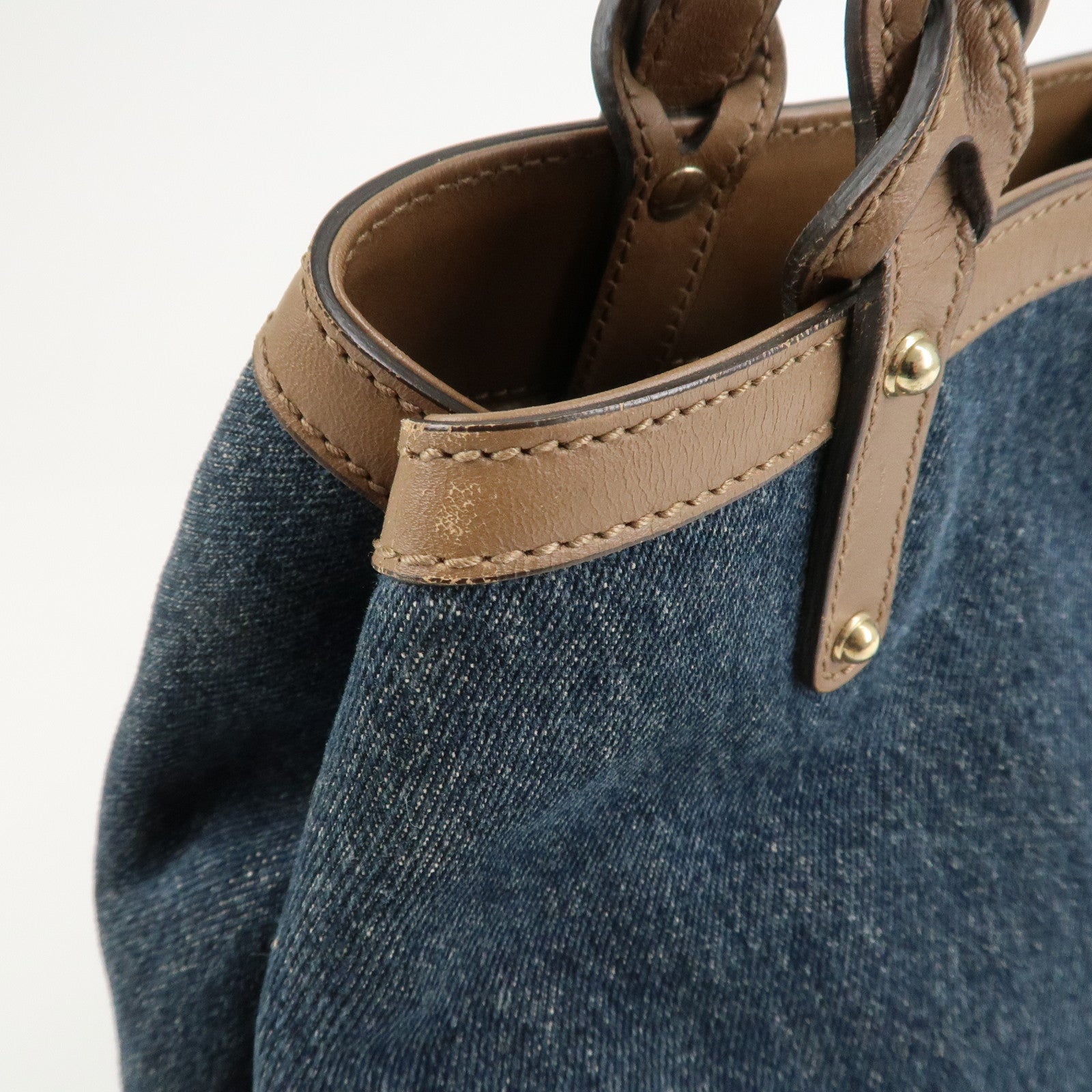 GUCCI Craft Denim Leather Tote Bag Hand Bag Navy Brown 348715