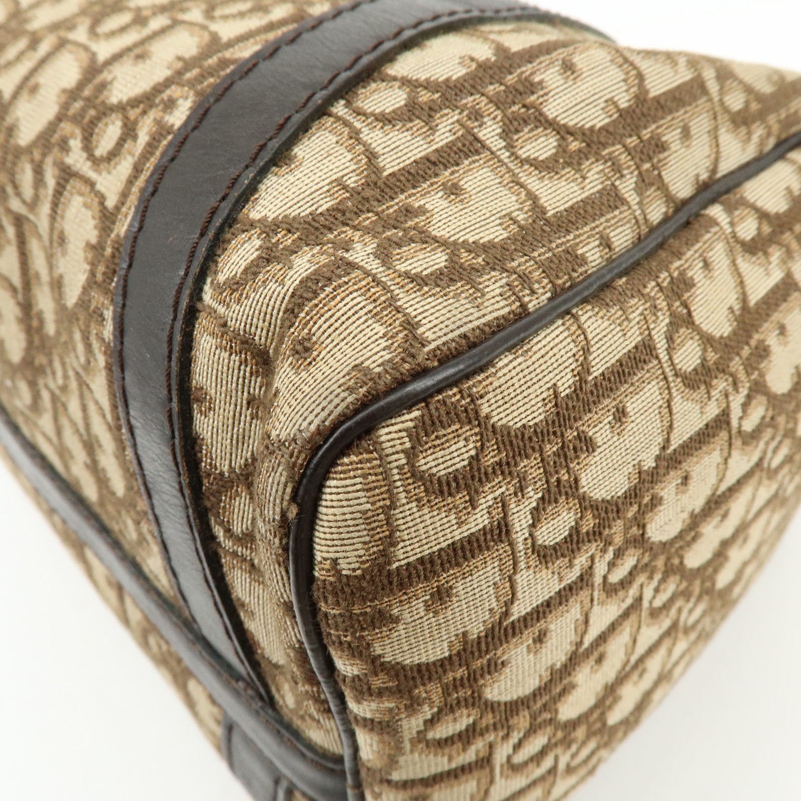 Christian Dior Trotter Jacquard Canvas Leather Boston Bag Brown