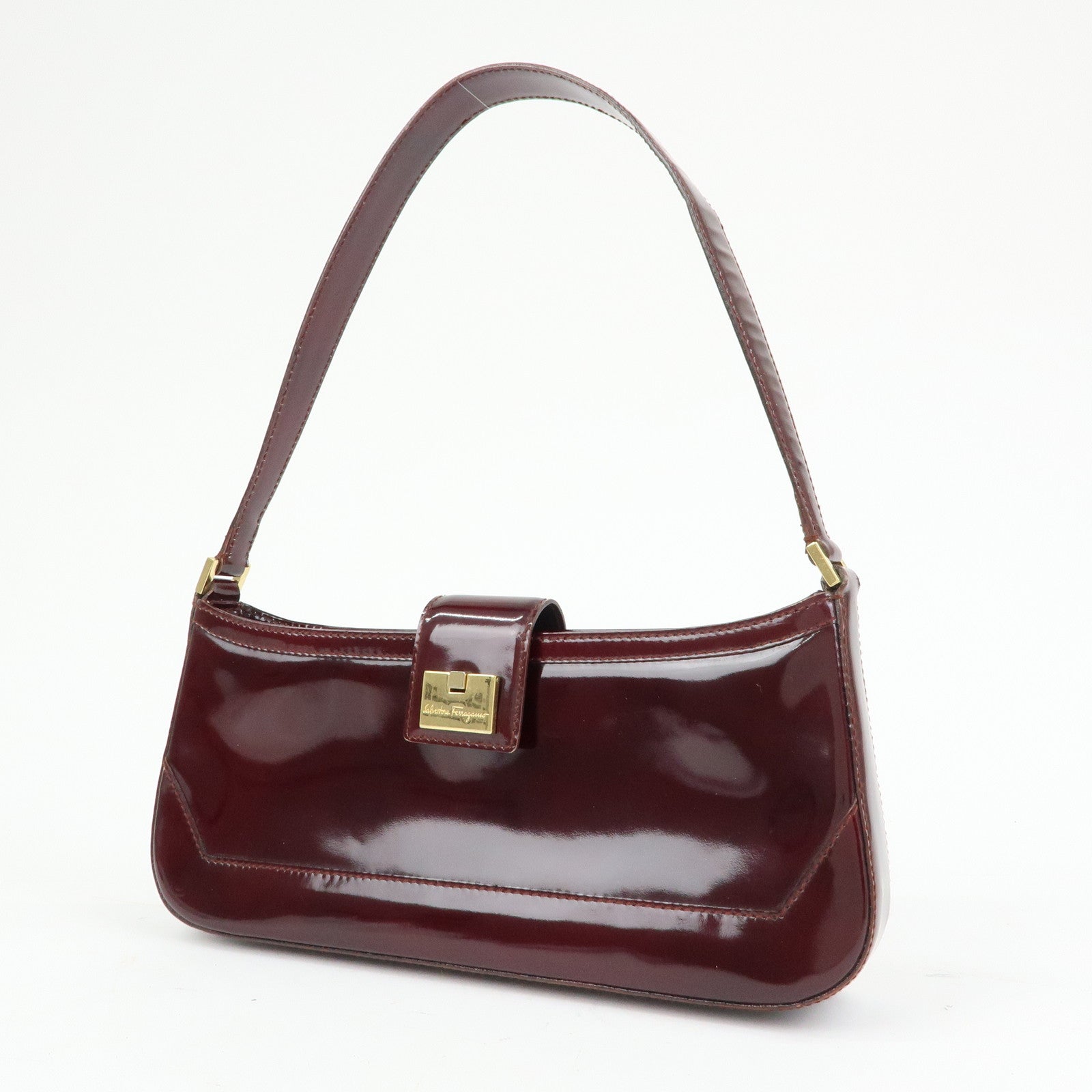 Ferragamo Patent Leather Shoulder Bag Hand Bag Bordeaux