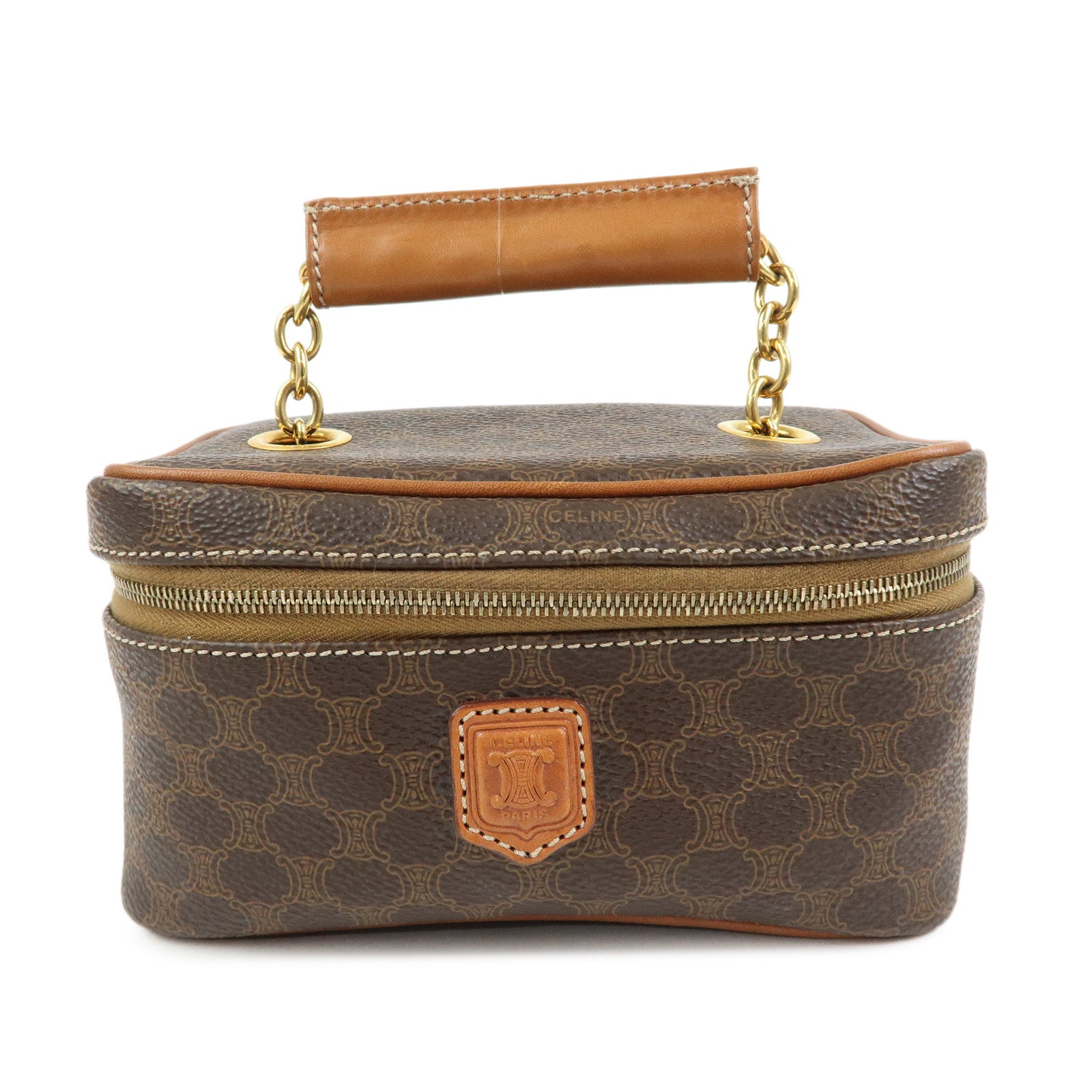 CELINE Macadam PVC Leather Chain Mini Hand Bag Vanity Bag Brown