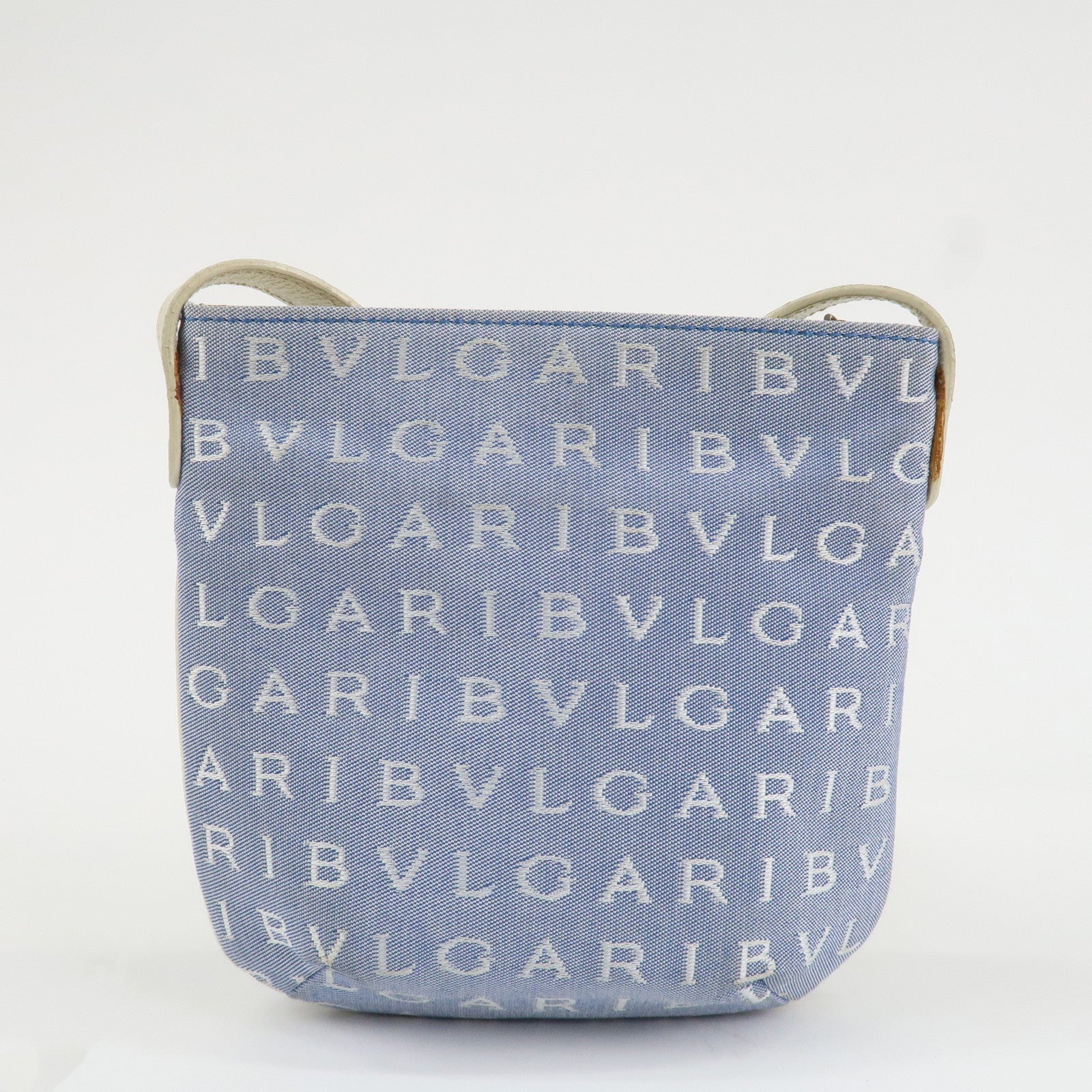 BVLGARI Logo Mania Leather Canvas Shoulder Bag Ivory Light Blue Used