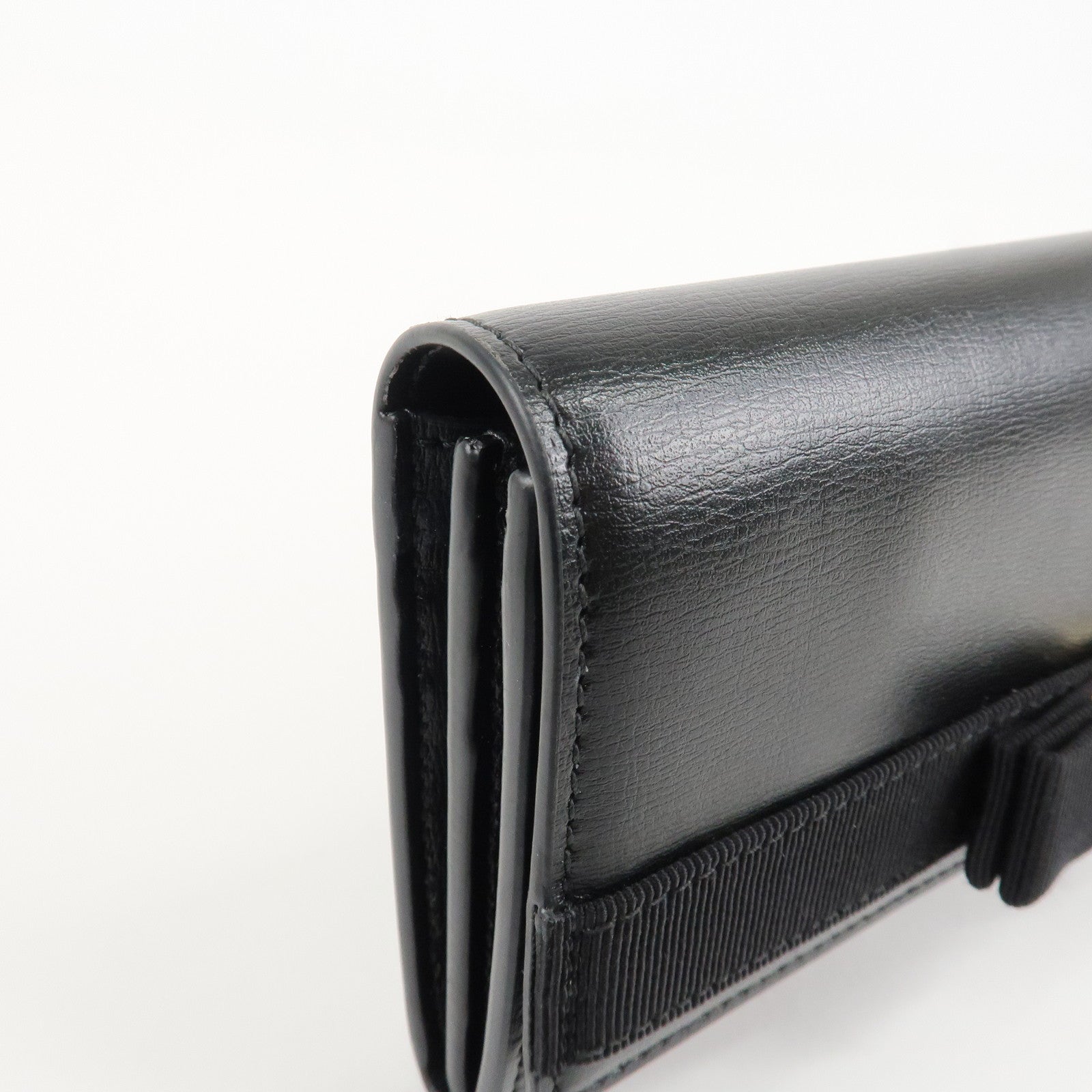 Ferragamo Vara Ribbon Leather Bifold Wallet Black Gold HDW Used