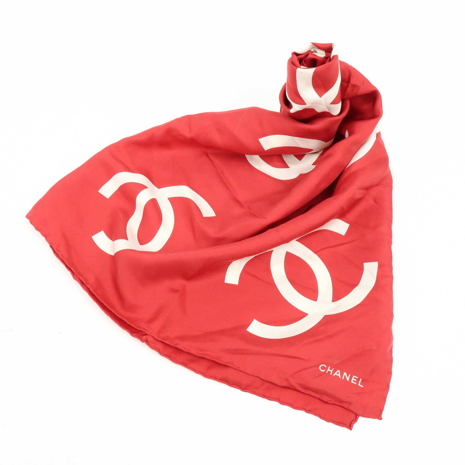CHANEL COCO Mark Silk 100% Scarf Red White
