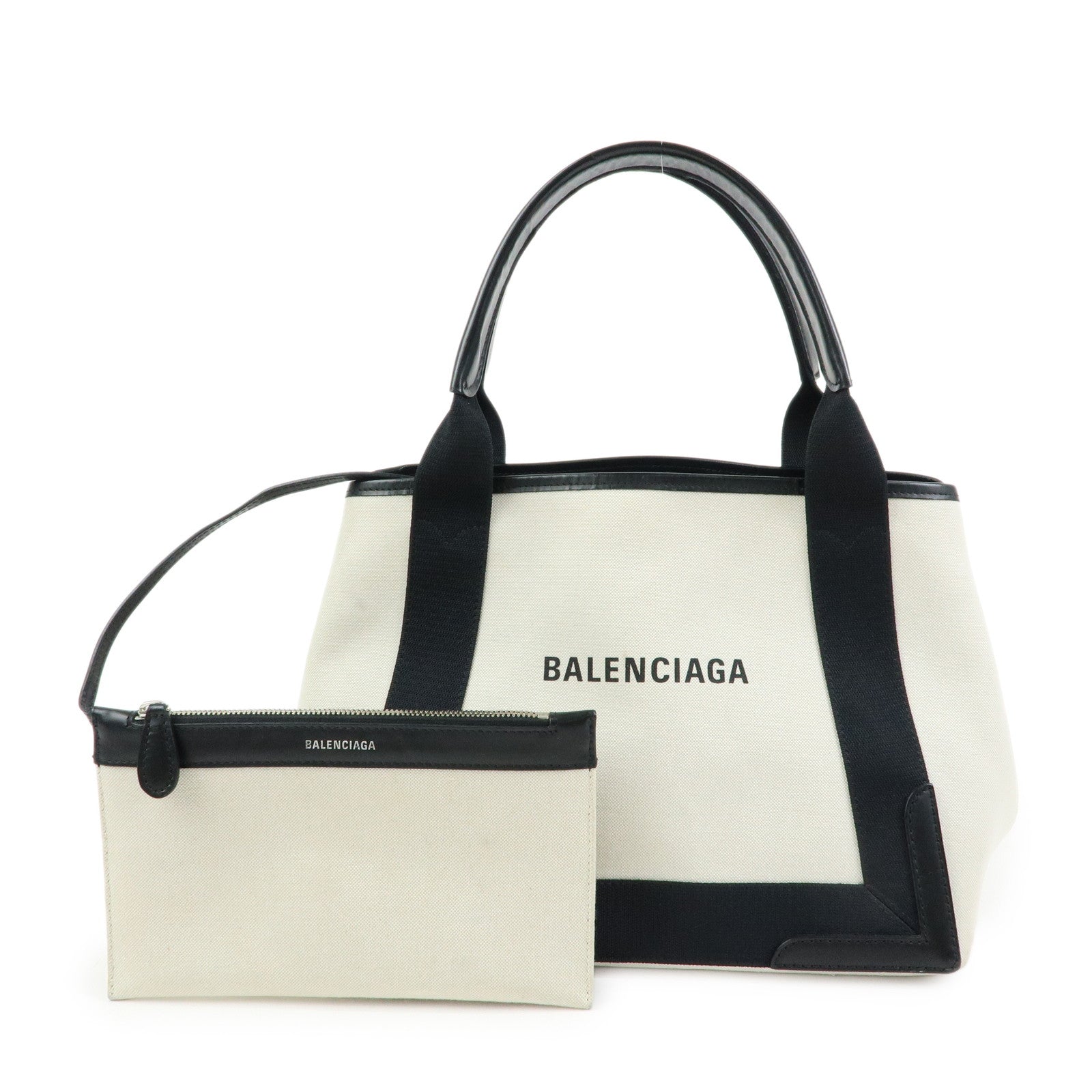 BALENCIAGA Navy Cabas Small Canvas Leather Tote Bag Ivory 339933