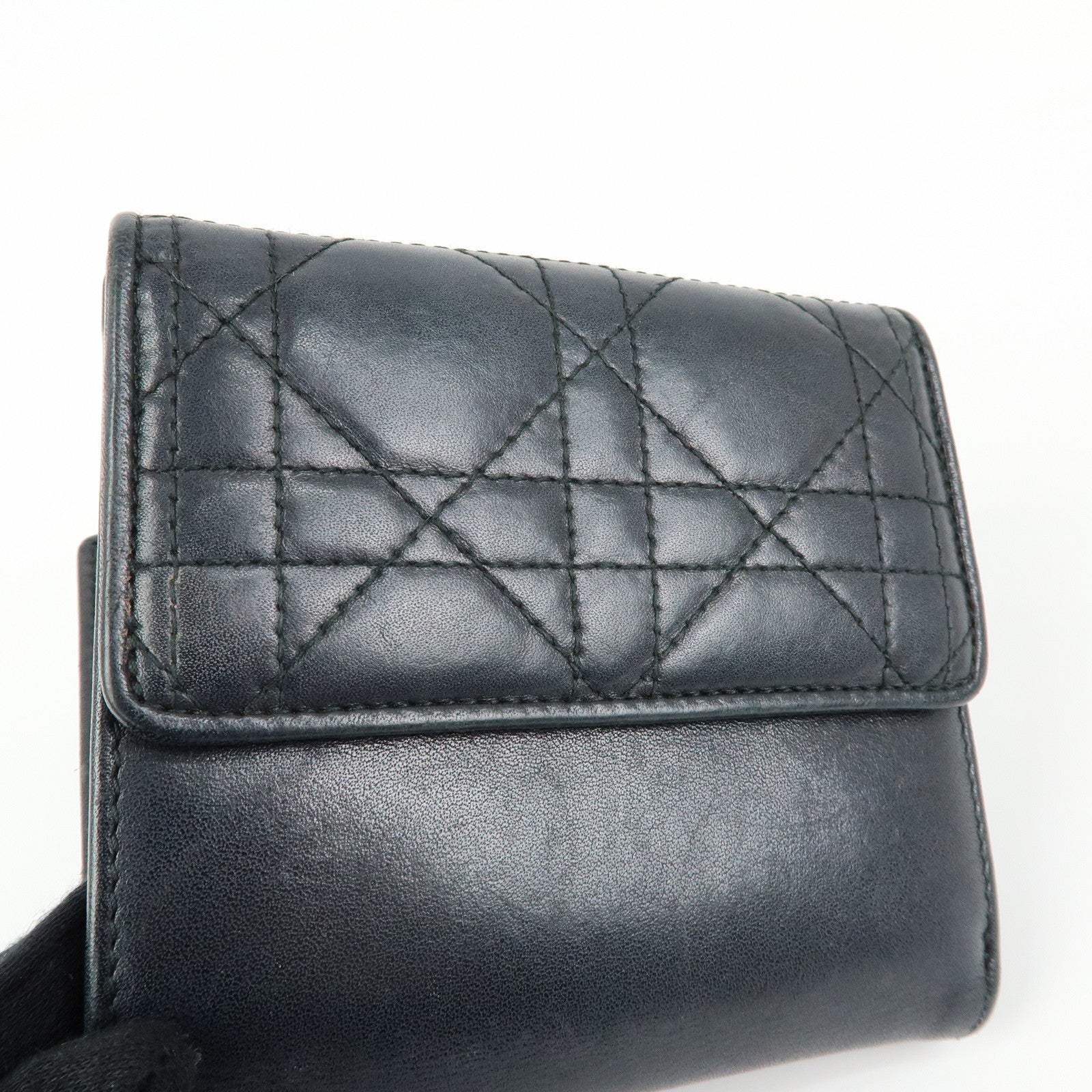 Christian Dior Cannage Lamb Skin Bi-fold Compact Wallet Black