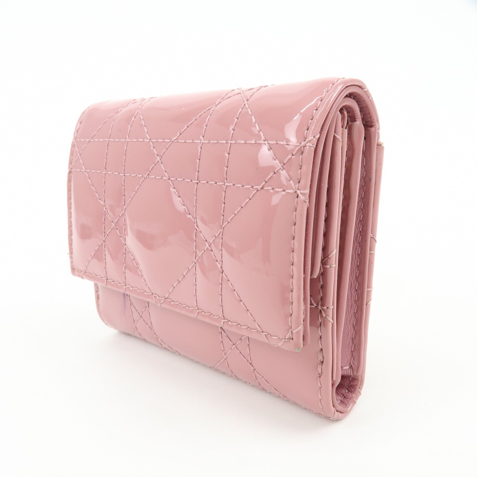 Christian Dior Cannage Patent Leather Bi-fold Compact Wallet Pink