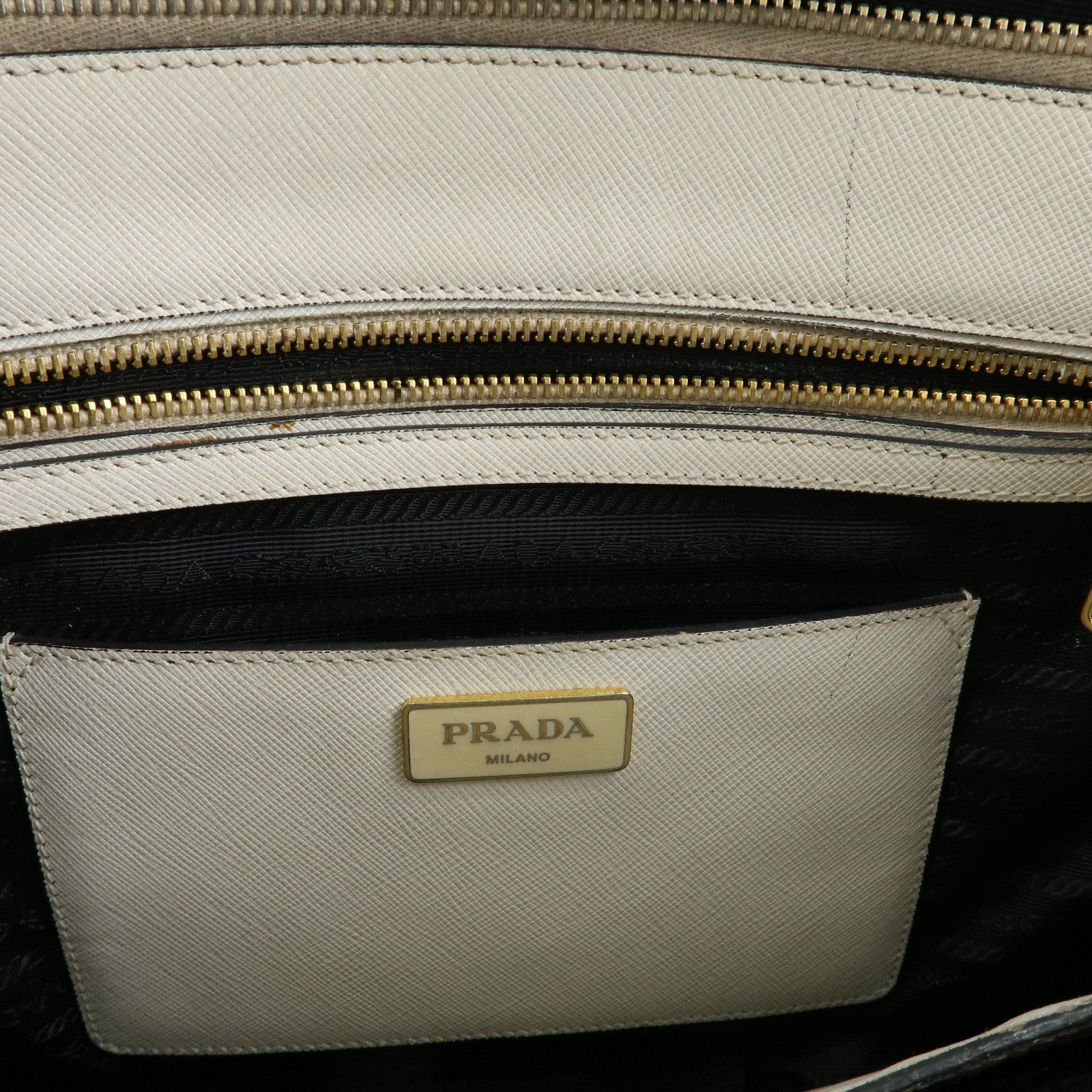 PRADA Triangle Logo Saffiano Leather Hand Bag Tote Bag Ivory Black